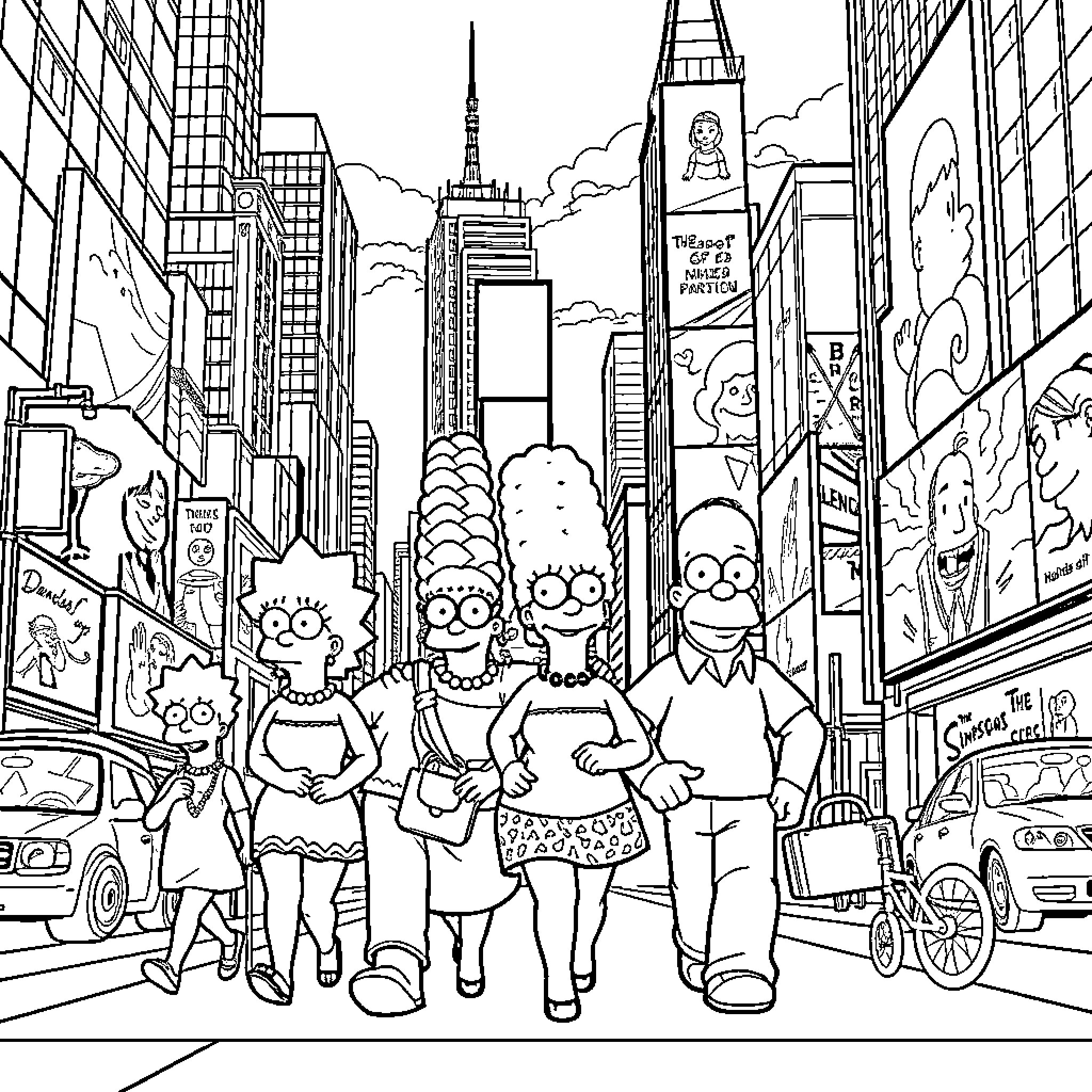 Simpson family enjoying sights of the city Coloring Page (free black-and-white line drawing printable PDF for all, from beginners to advanced learners, including children, teens, adults, and seniors)