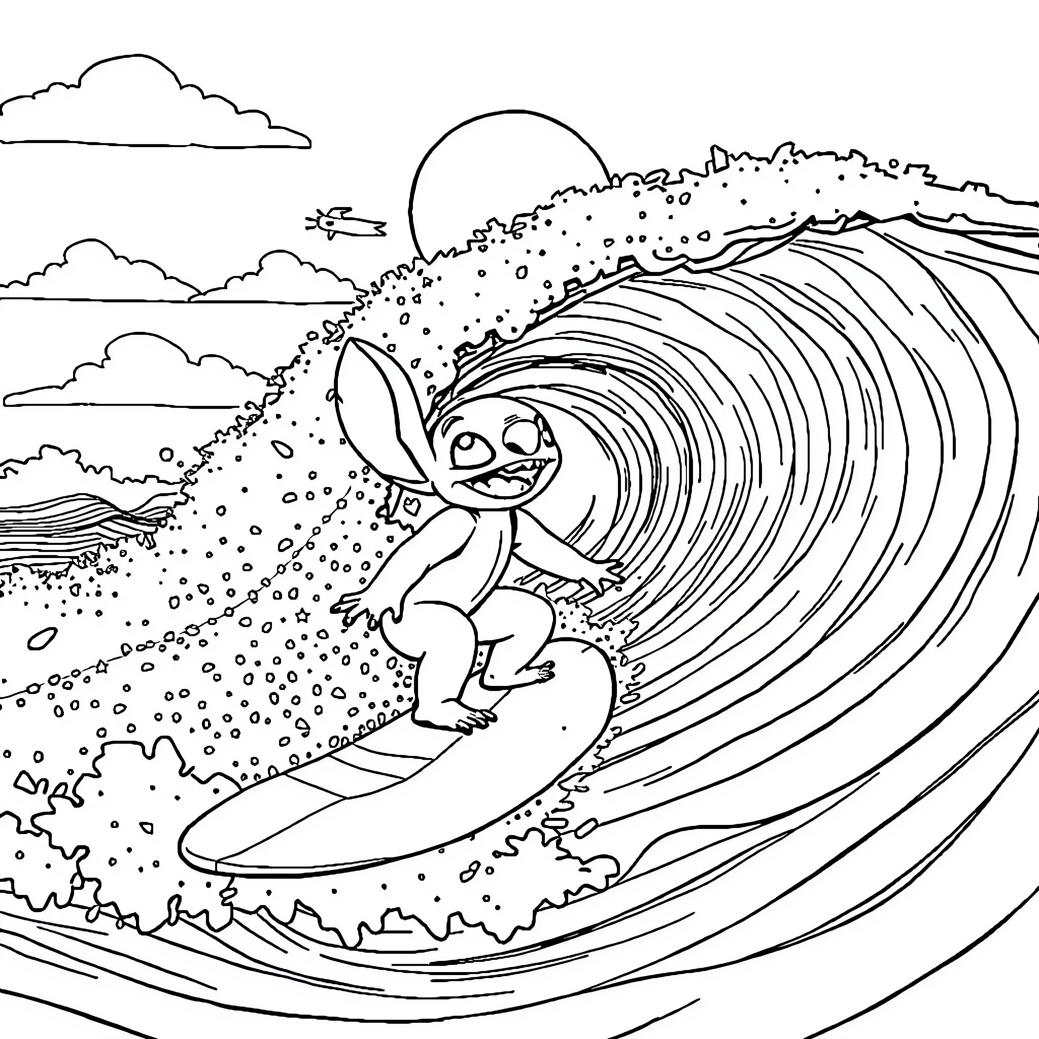 Stitch surfing atop a giant wave Coloring Page (free black-and-white line drawing printable PDF for all, from beginners to advanced learners, including children, teens, adults, and seniors)
