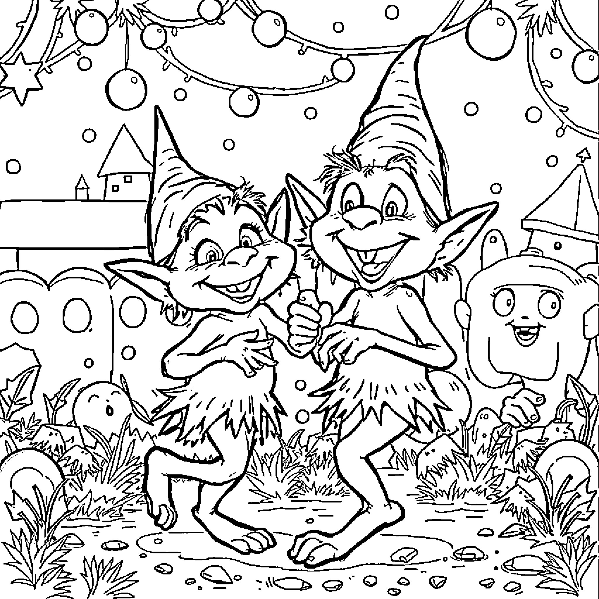 Grinch-like creatures dancing and celebrating in a festive winter scene Coloring Page (free black-and-white line drawing printable PDF for all, from beginners to advanced learners, including children, teens, adults, and seniors)