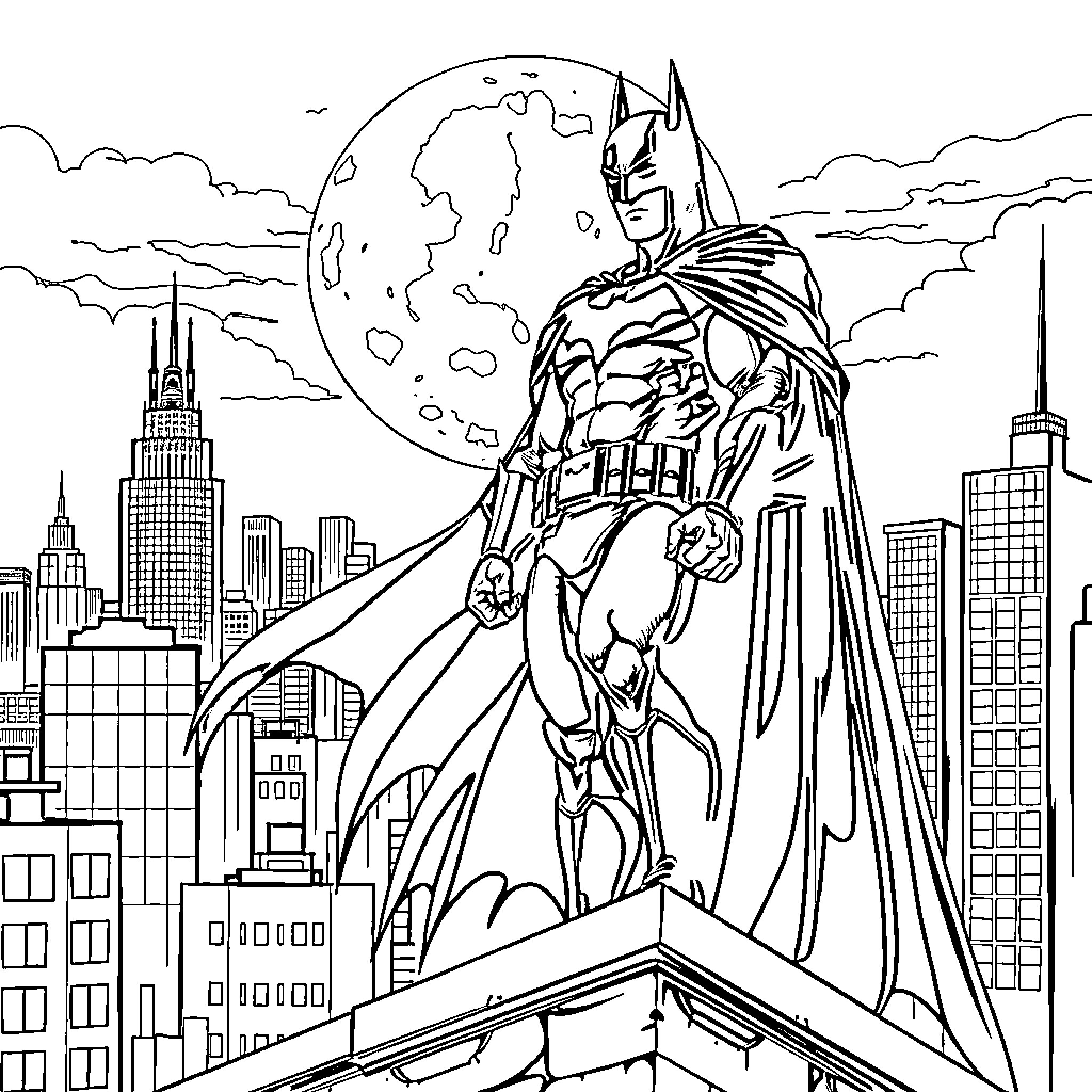 Batman standing heroically on a city rooftop Coloring Page (free black-and-white line drawing printable PDF for all, from beginners to advanced learners, including children, teens, adults, and seniors)