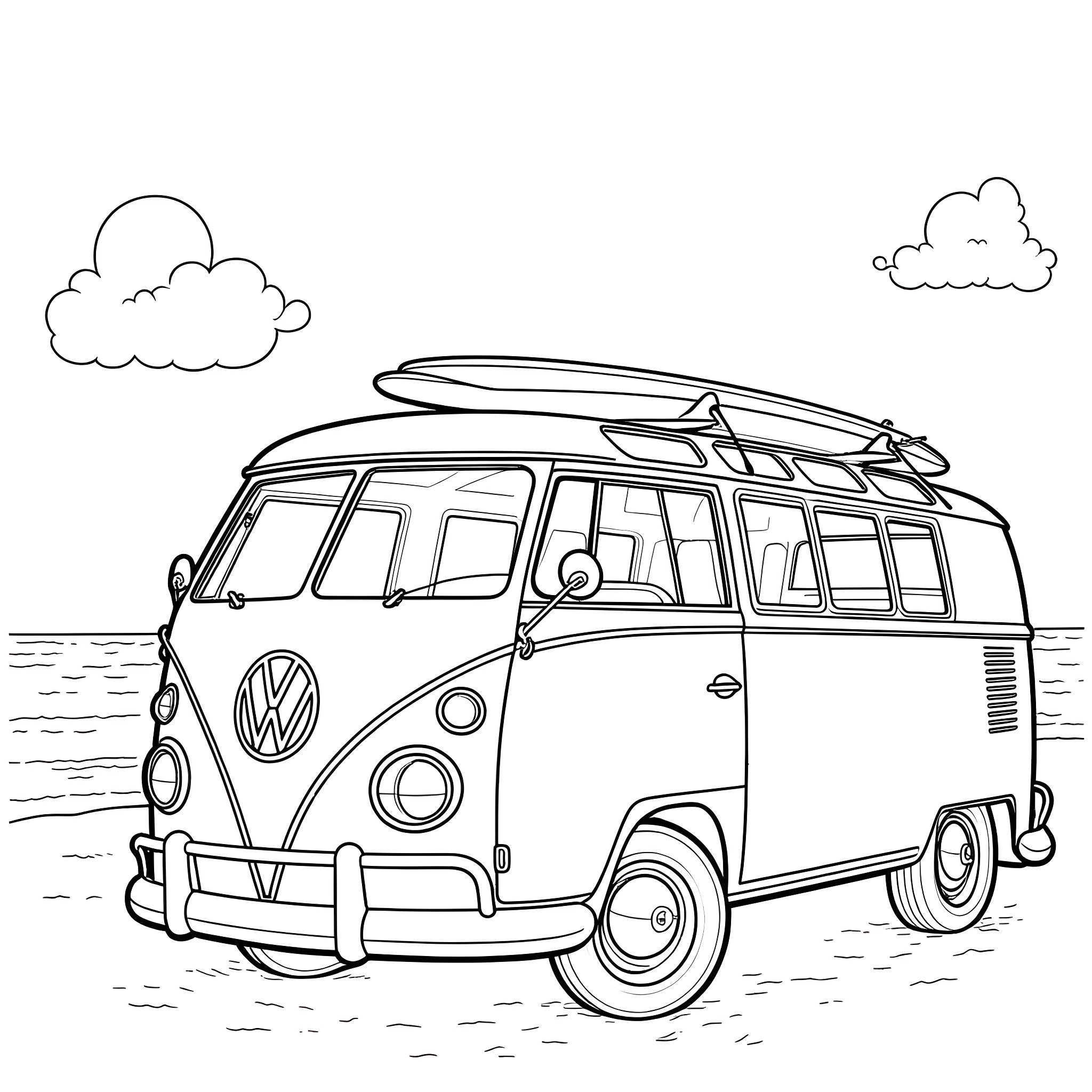 Volkswagen Bus transporting surfboards in the countryside Coloring Page (free black-and-white line drawing printable PDF for all, from beginners to advanced learners, including children, teens, adults, and seniors)