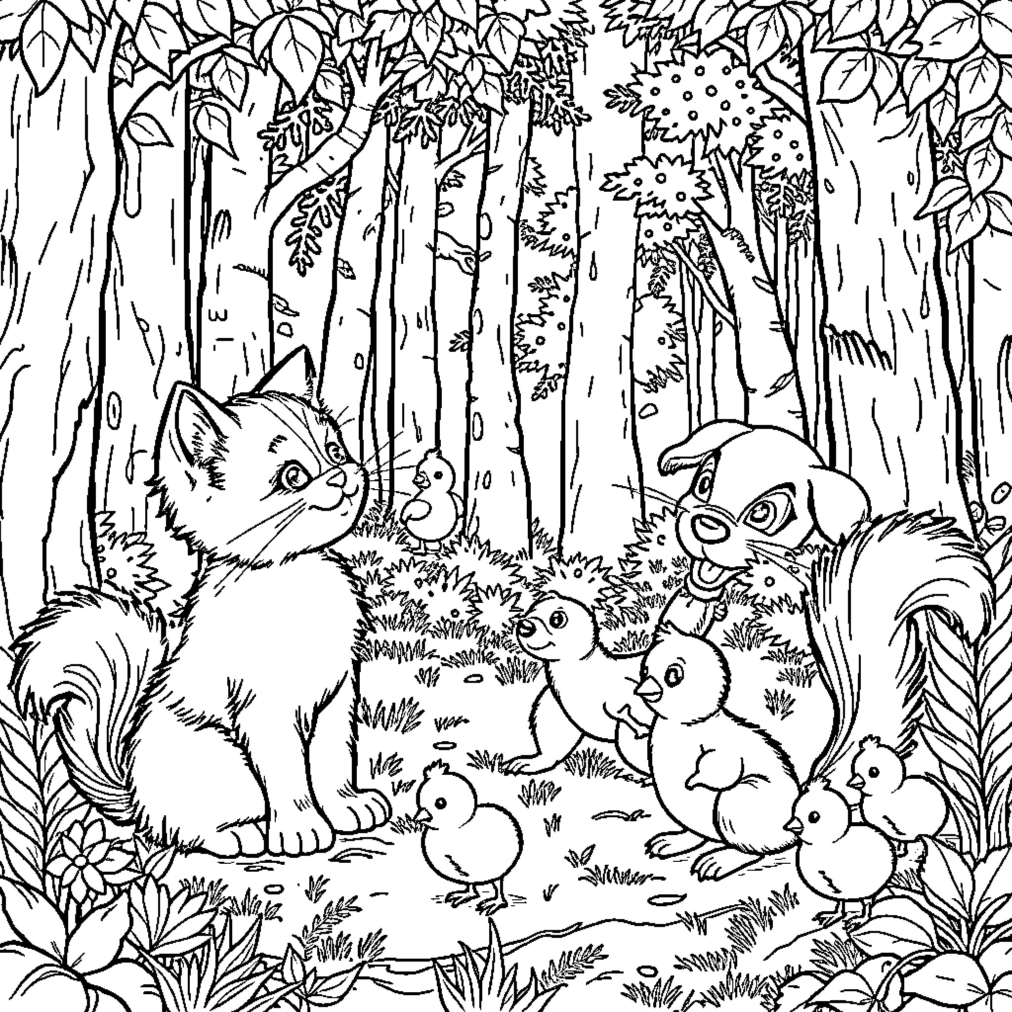 Kittens Exploring the Lush Forest Coloring Page (free black-and-white line drawing printable PDF for all, from beginners to advanced learners, including children, teens, adults, and seniors)