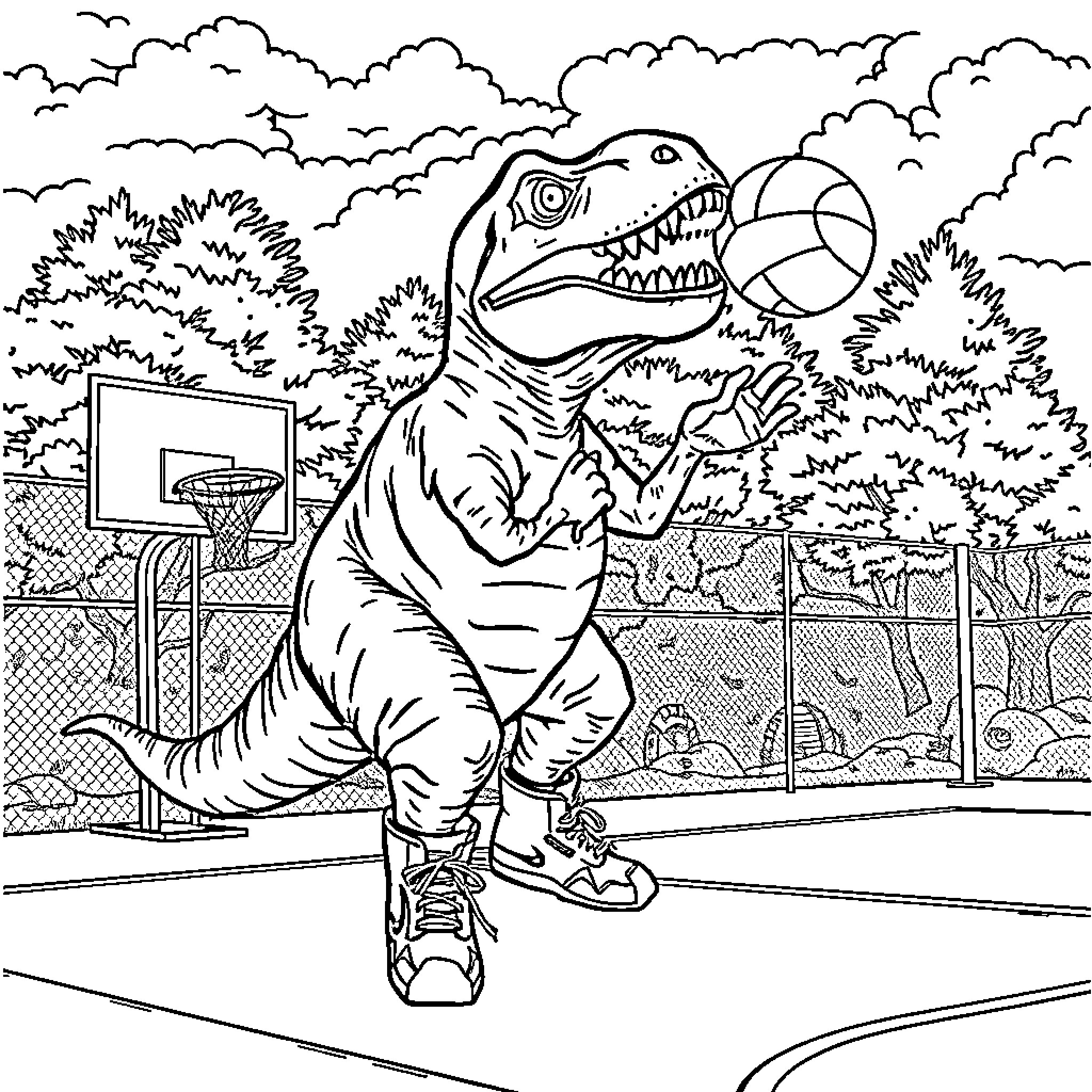 T-Rex Playing Basketball in the Park Coloring Page (free black-and-white line drawing printable PDF for all, from beginners to advanced learners, including children, teens, adults, and seniors)