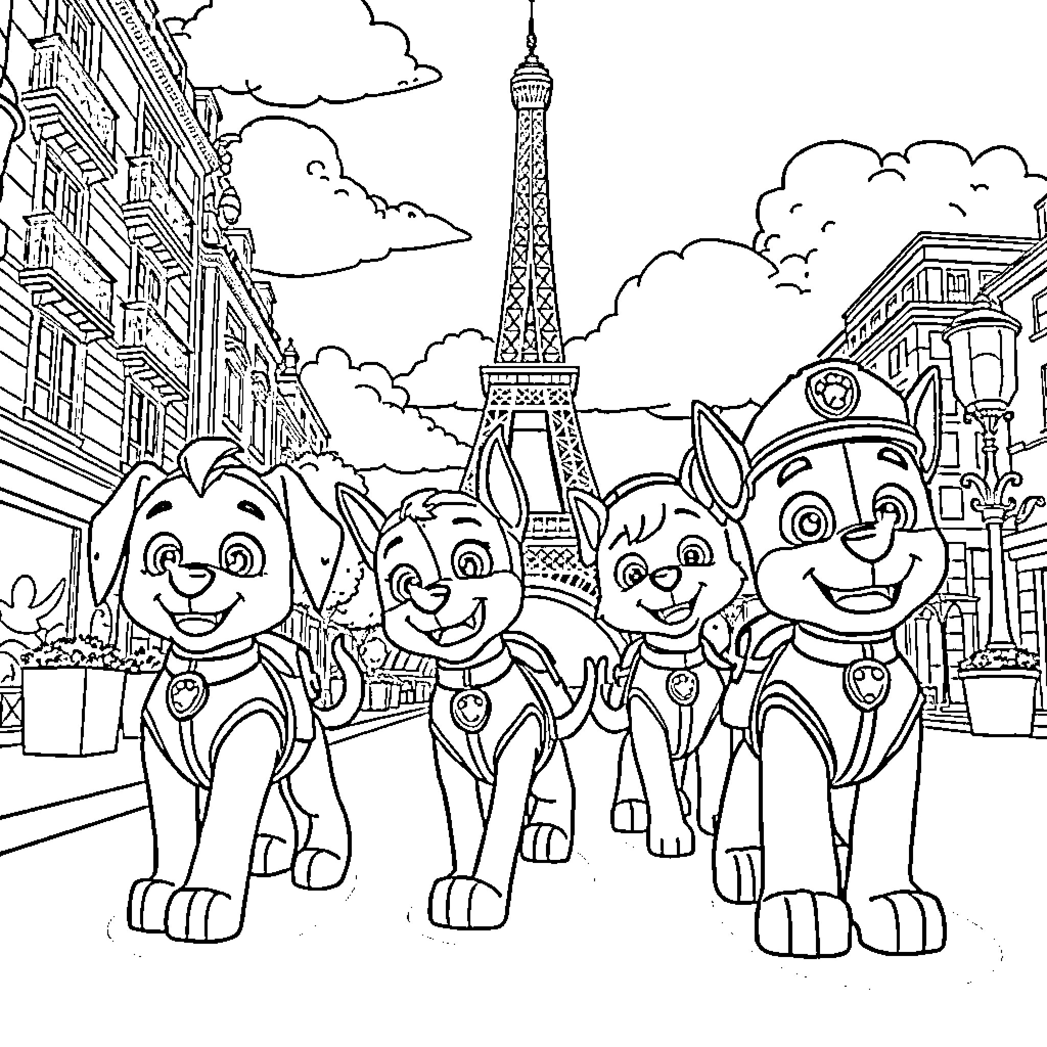 Paw Patrol exploring the streets of Paris Coloring Page (free black-and-white line drawing printable PDF for all, from beginners to advanced learners, including children, teens, adults, and seniors)