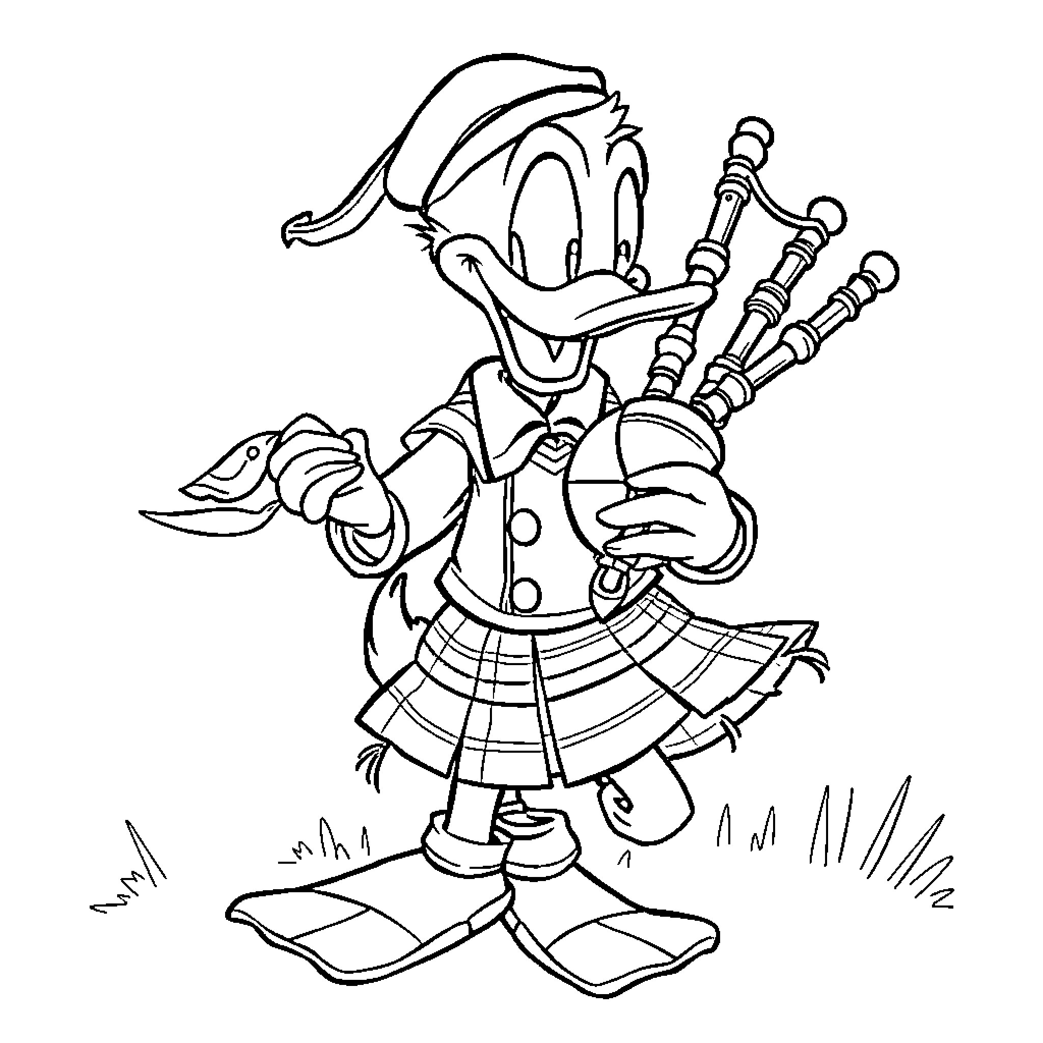 Donald Duck playing the bagpipes in a kilt Coloring Page (free black-and-white line drawing printable PDF for all, from beginners to advanced learners, including children, teens, adults, and seniors)