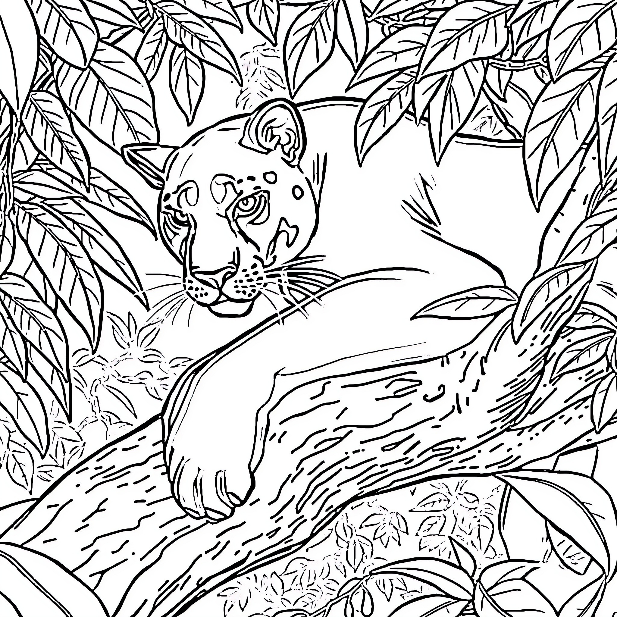 Panther resting in lush jungle foliage Coloring Page (free black-and-white line drawing printable PDF for all, from beginners to advanced learners, including children, teens, adults, and seniors)