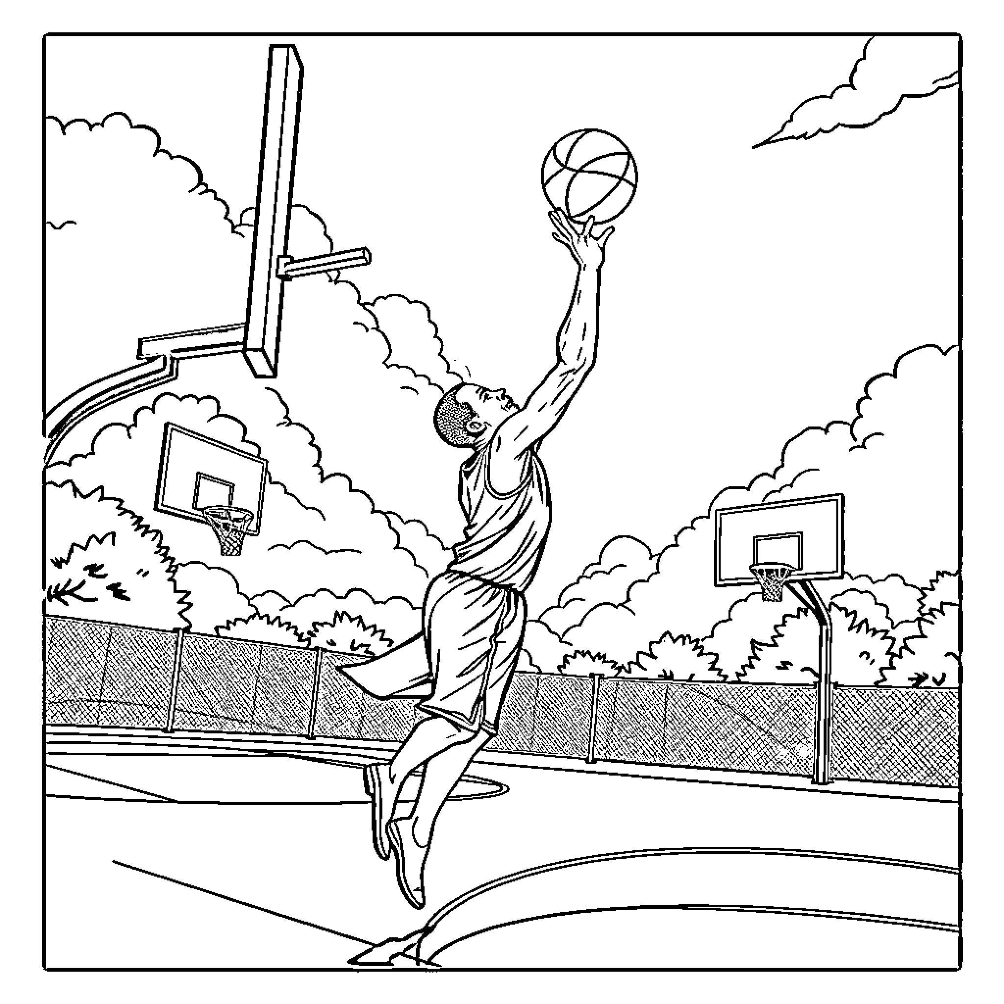 God's Gift of Exuberant Basketball Artistry Coloring Page (free black-and-white line drawing printable PDF for all, from beginners to advanced learners, including children, teens, adults, and seniors)