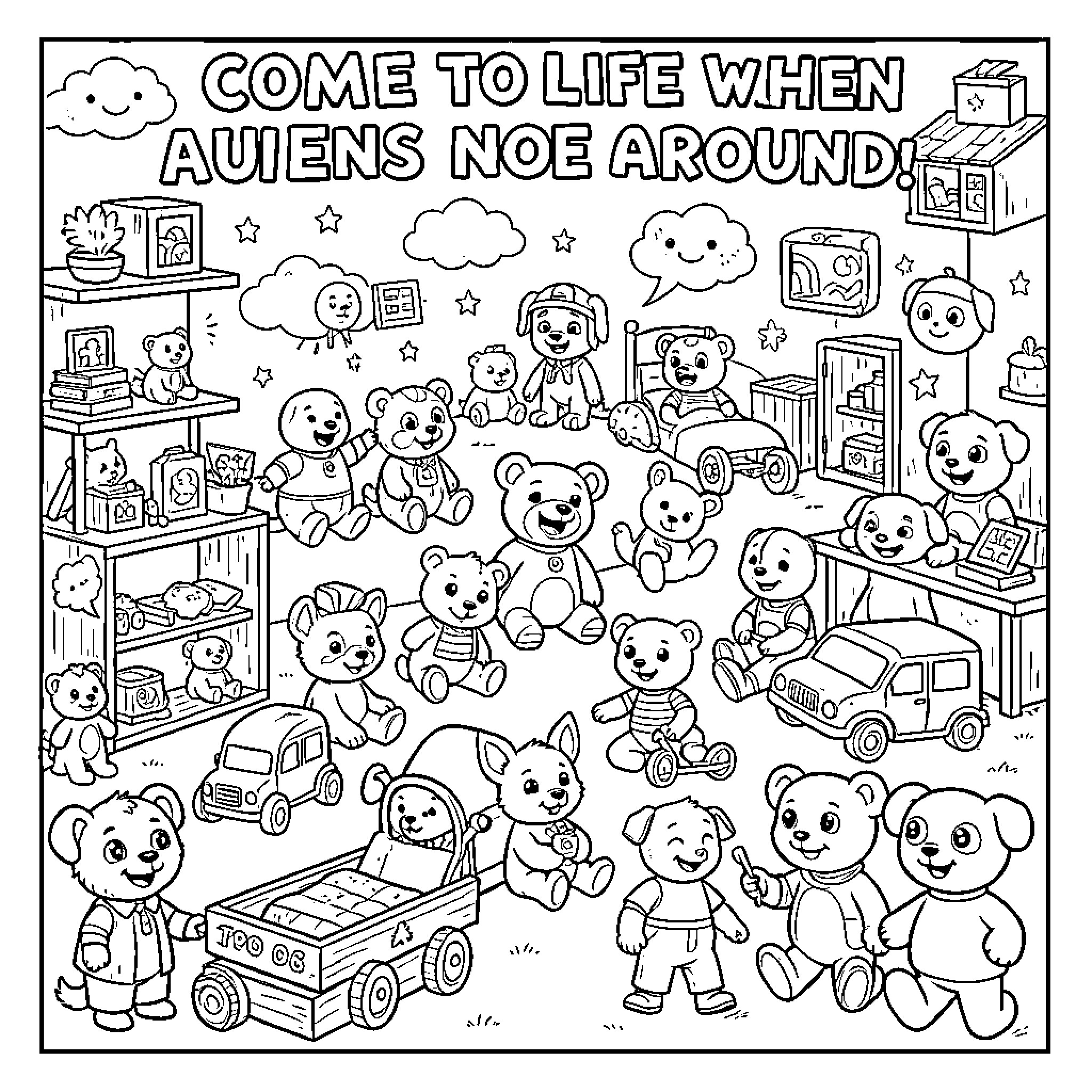 Toy animals coming to life in a playroom Coloring Page (free black-and-white line drawing printable PDF for all, from beginners to advanced learners, including children, teens, adults, and seniors)