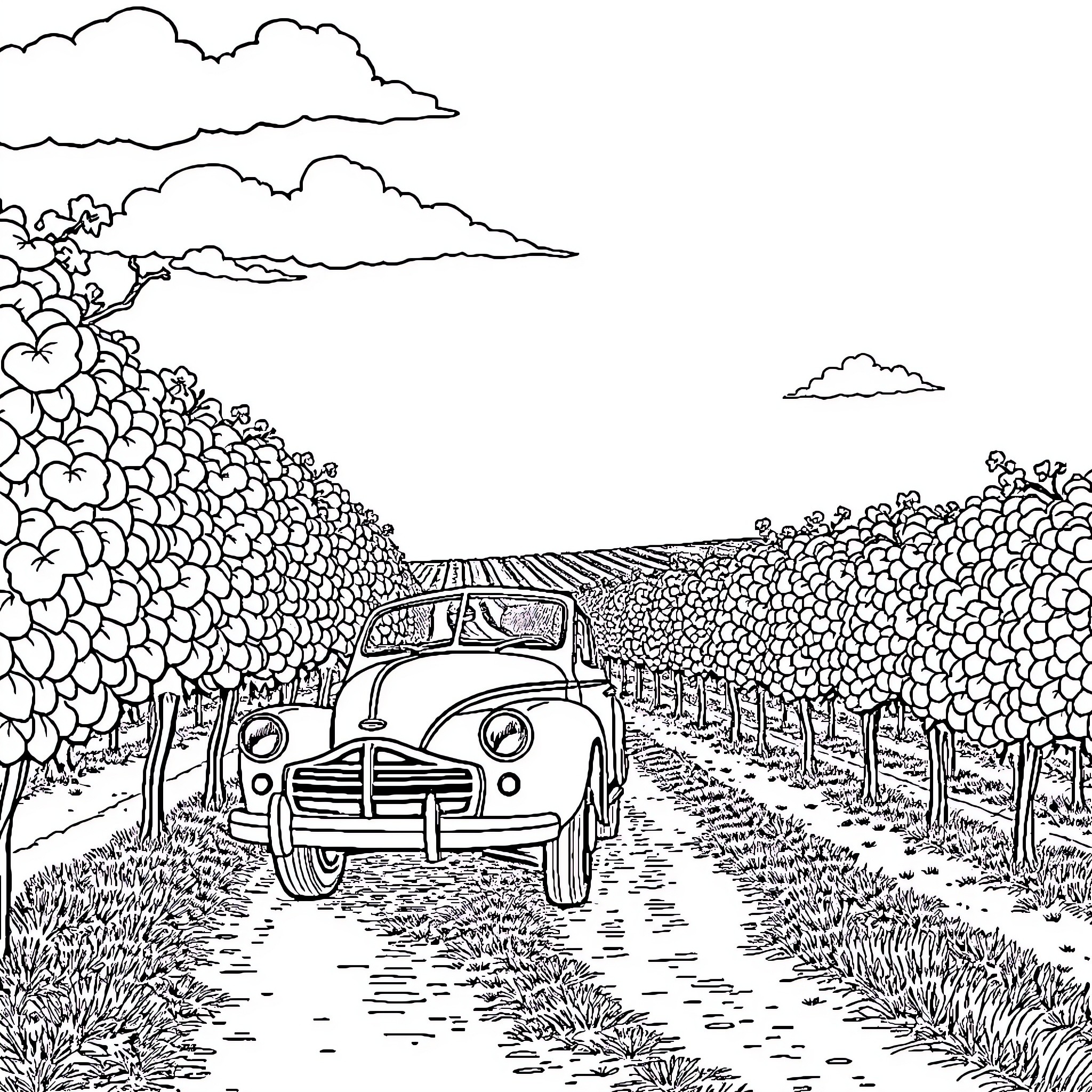 Car driving through heart-shaped vineyard landscape Coloring Page (free black-and-white line drawing printable PDF for all, from beginners to advanced learners, including children, teens, adults, and seniors)
