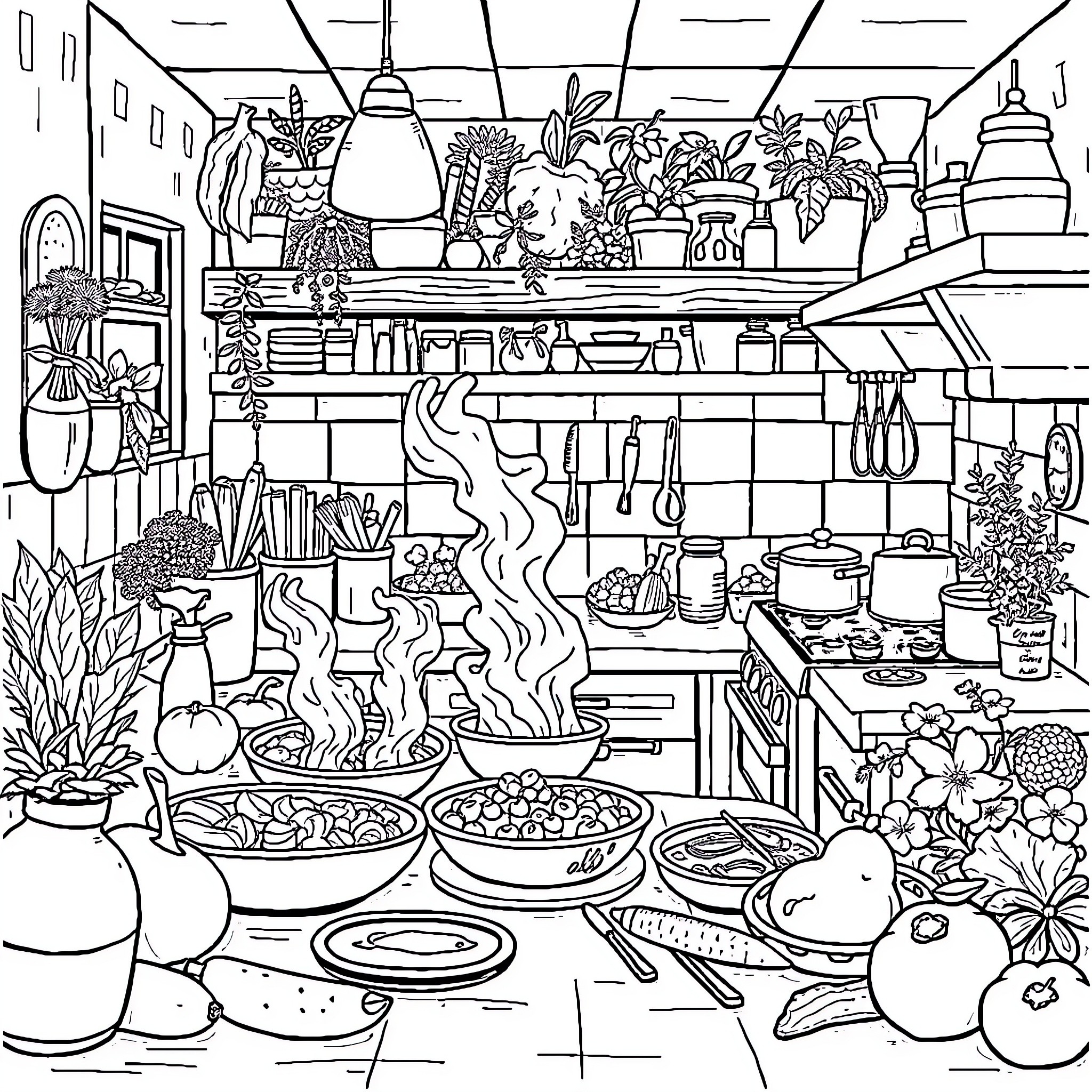 Cooking a Cozy Culinary Scene Coloring Page (free black-and-white line drawing printable PDF for all, from beginners to advanced learners, including children, teens, adults, and seniors)