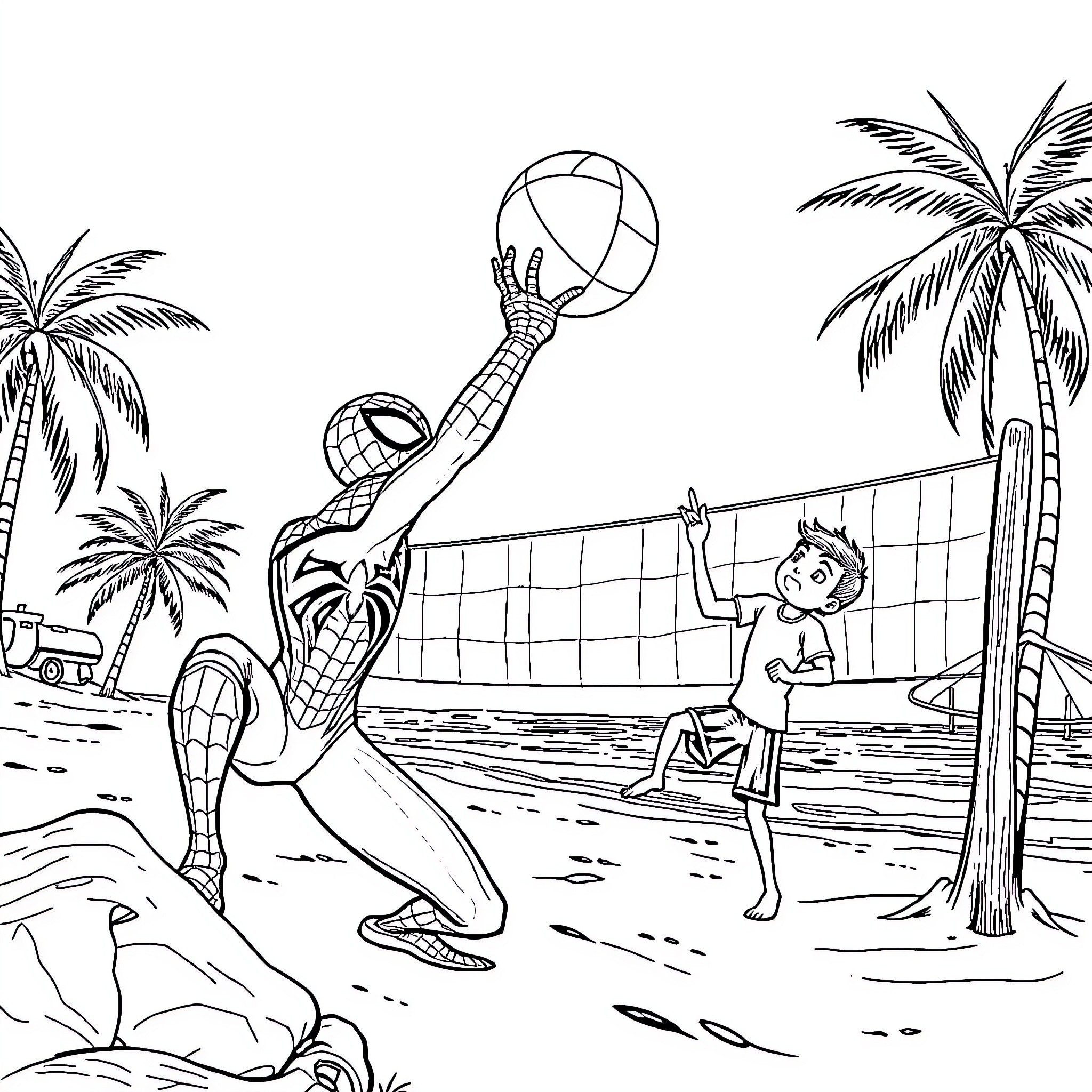 Spiderman playing volleyball with child on beach Coloring Page (free black-and-white line drawing printable PDF for all, from beginners to advanced learners, including children, teens, adults, and seniors)