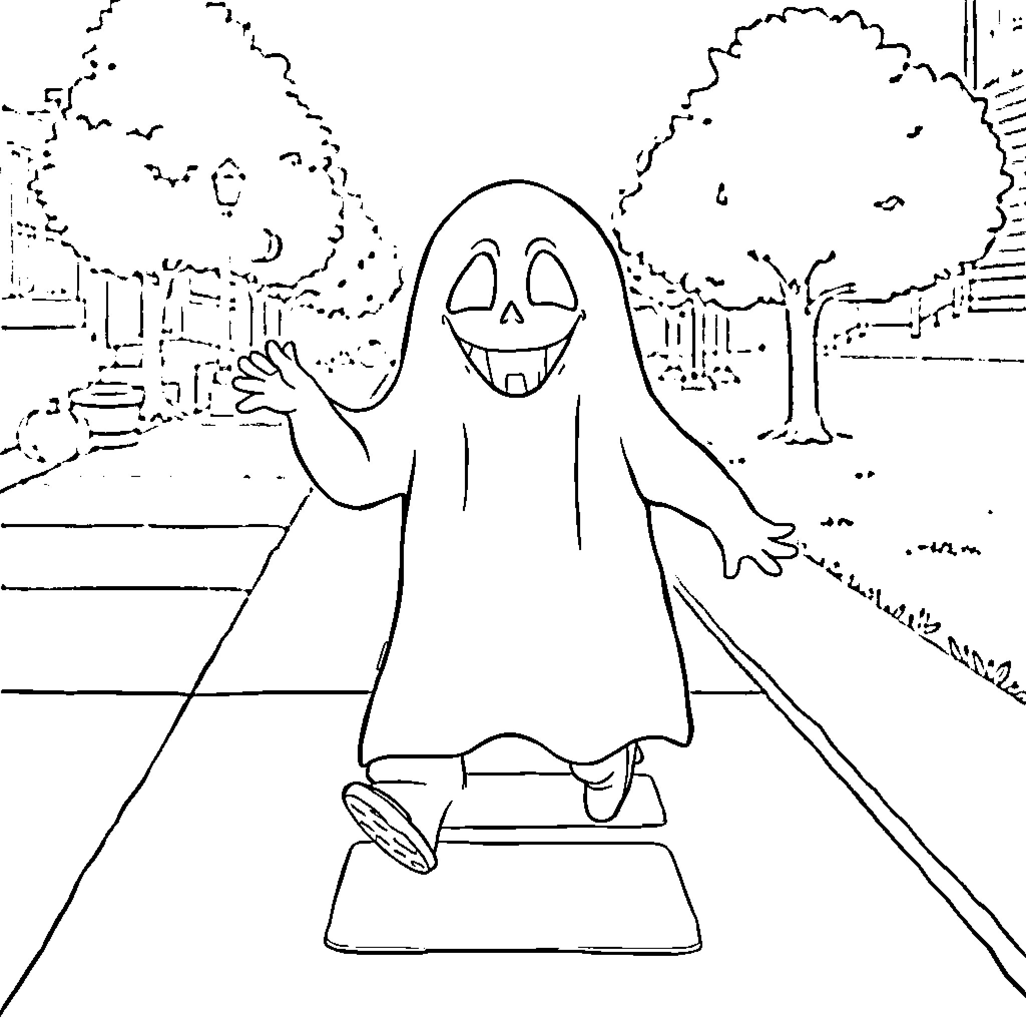 Ghost playing joyfully in an outdoor setting Coloring Page (free black-and-white line drawing printable PDF for all, from beginners to advanced learners, including children, teens, adults, and seniors)