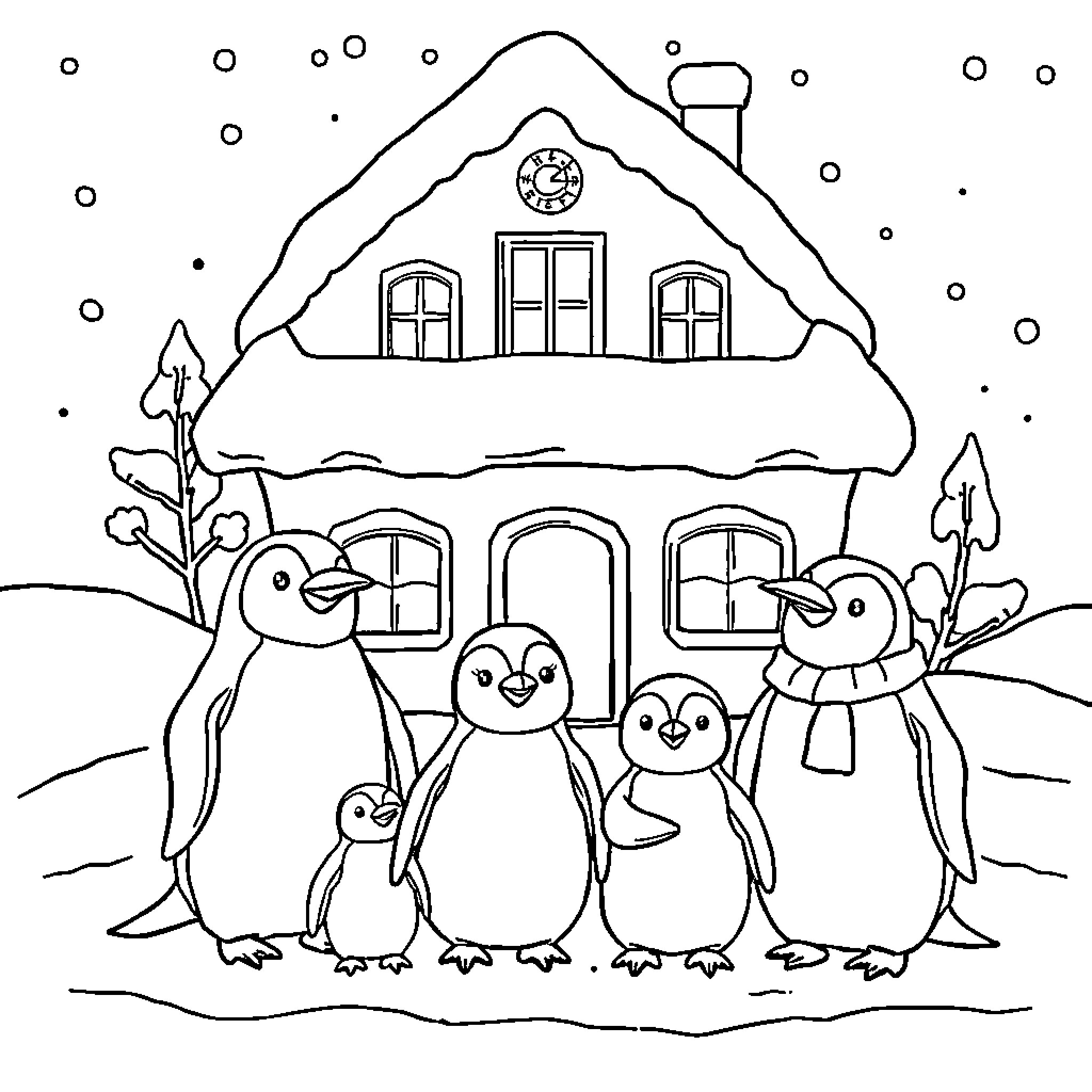 Penguins celebrating in a snowy winter scene Coloring Page (free black-and-white line drawing printable PDF for all, from beginners to advanced learners, including children, teens, adults, and seniors)