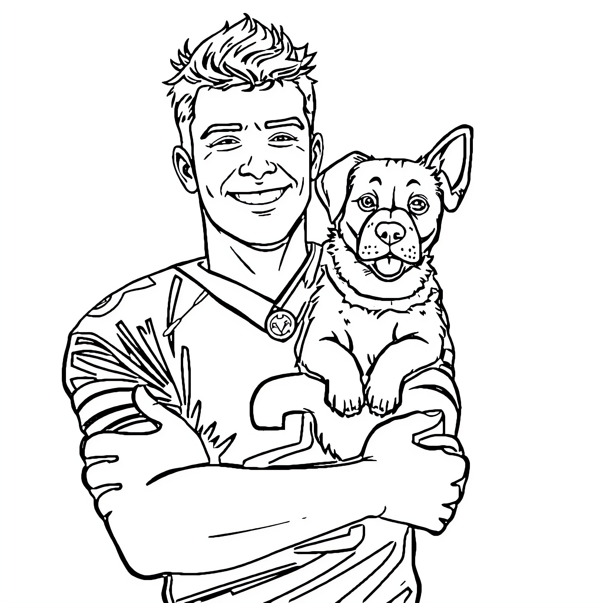Football Player with Excited Dog Companion Coloring Page (free black-and-white line drawing printable PDF for all, from beginners to advanced learners, including children, teens, adults, and seniors)