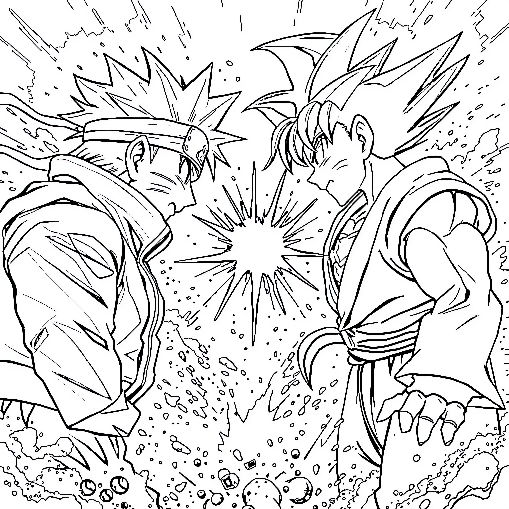 Naruto and Goku's epic showdown Coloring Page (free black-and-white line drawing printable PDF for all, from beginners to advanced learners, including children, teens, adults, and seniors)