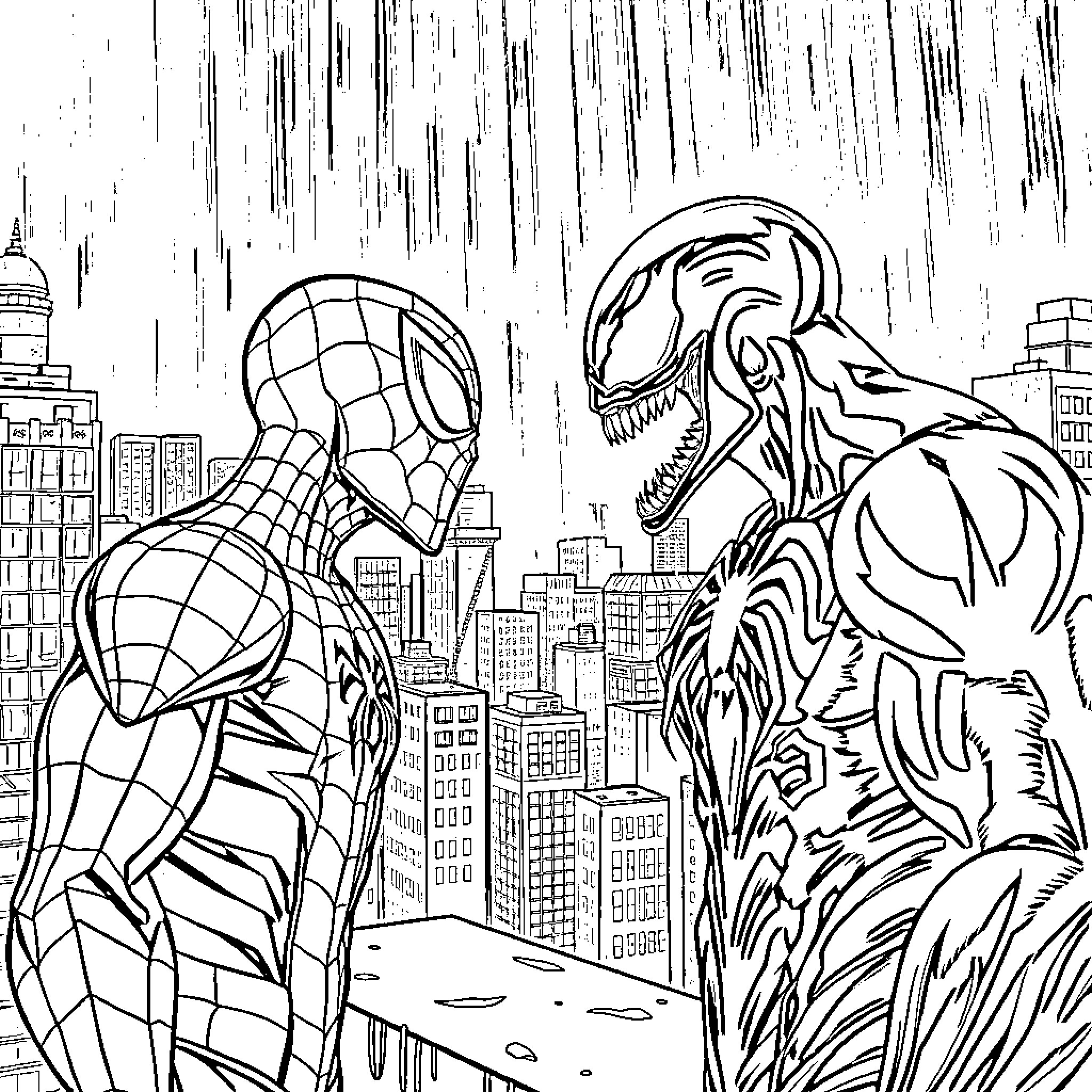 Spiderman confronting a monstrous villain in the city Coloring Page (free black-and-white line drawing printable PDF for all, from beginners to advanced learners, including children, teens, adults, and seniors)