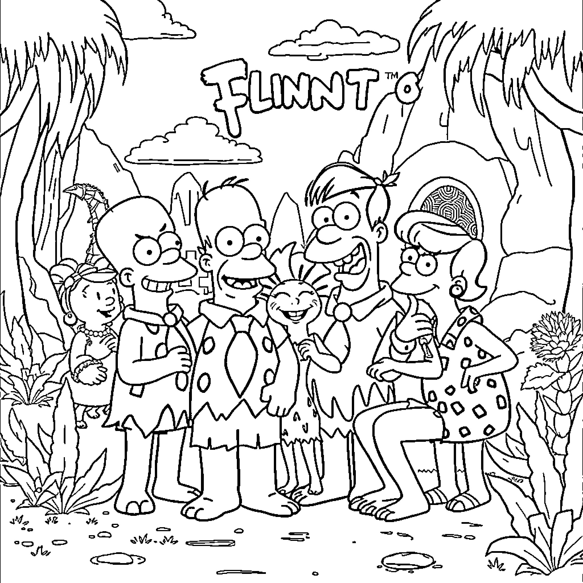 Simpsons characters in a humorous jungle scene Coloring Page (free black-and-white line drawing printable PDF for all, from beginners to advanced learners, including children, teens, adults, and seniors)