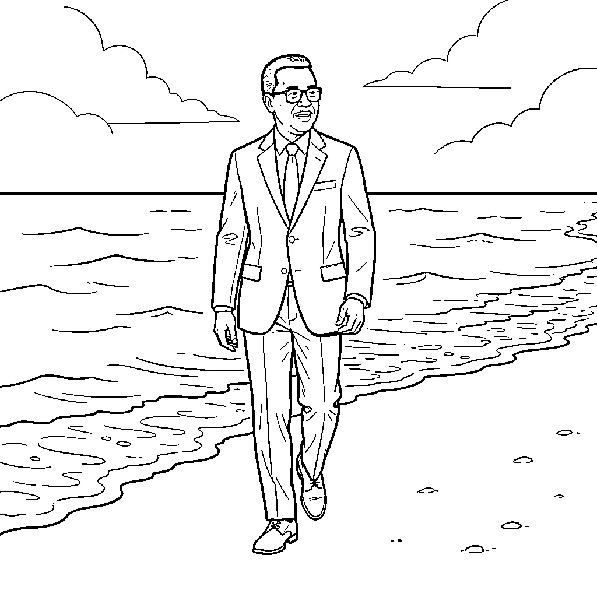 President walking along the beach Coloring Page (free black-and-white line drawing printable PDF for all, from beginners to advanced learners, including children, teens, adults, and seniors)