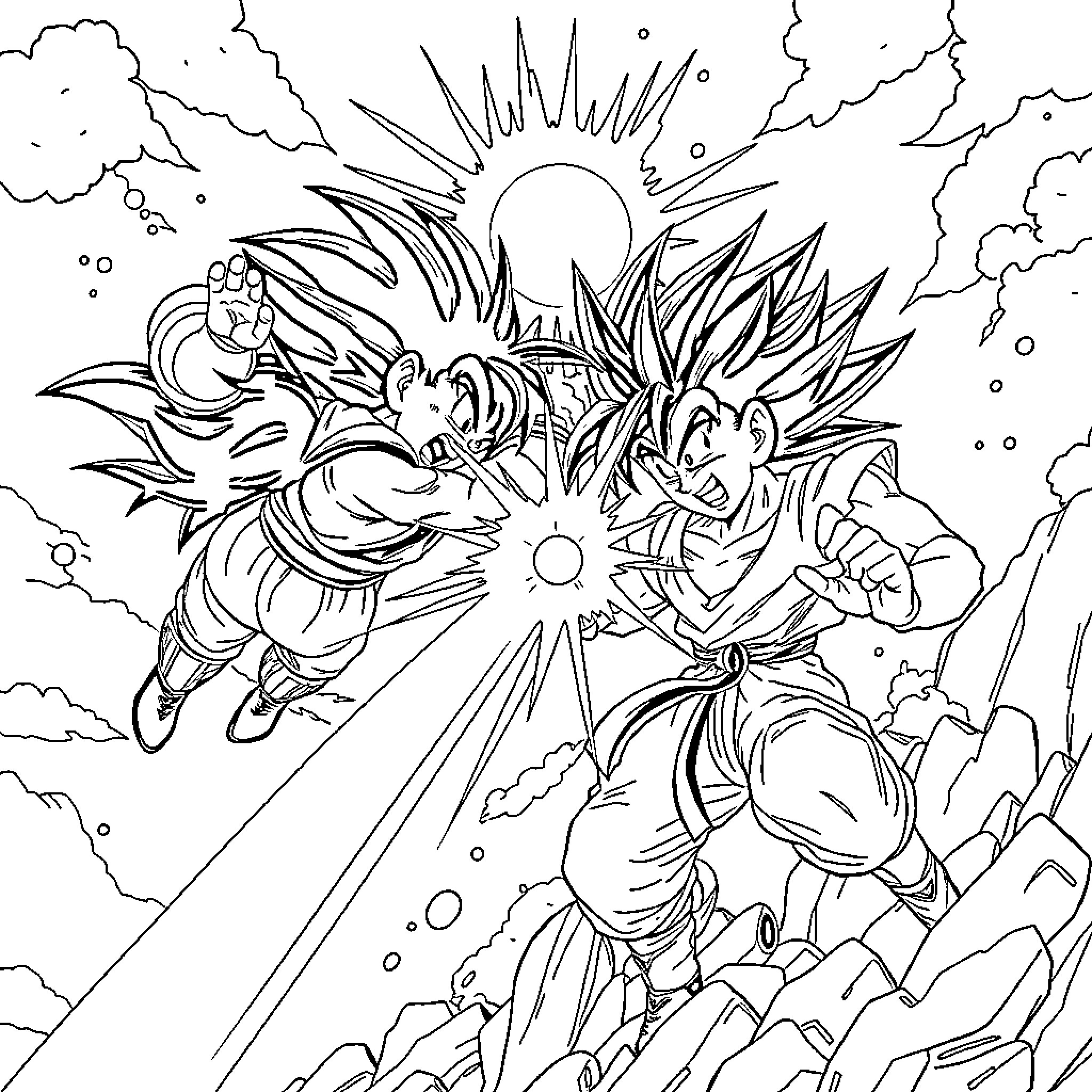 Dragon Ball Z - Epic Battle with Powerful Fighters Coloring Page (free black-and-white line drawing printable PDF for all, from beginners to advanced learners, including children, teens, adults, and seniors)