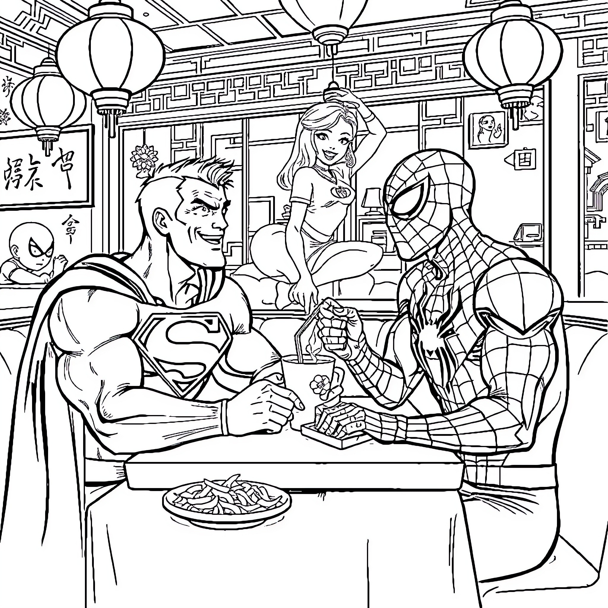 Superman, Spider-Man, and Wonder Woman Dining Together Coloring Page (free black-and-white line drawing printable PDF for all, from beginners to advanced learners, including children, teens, adults, and seniors)