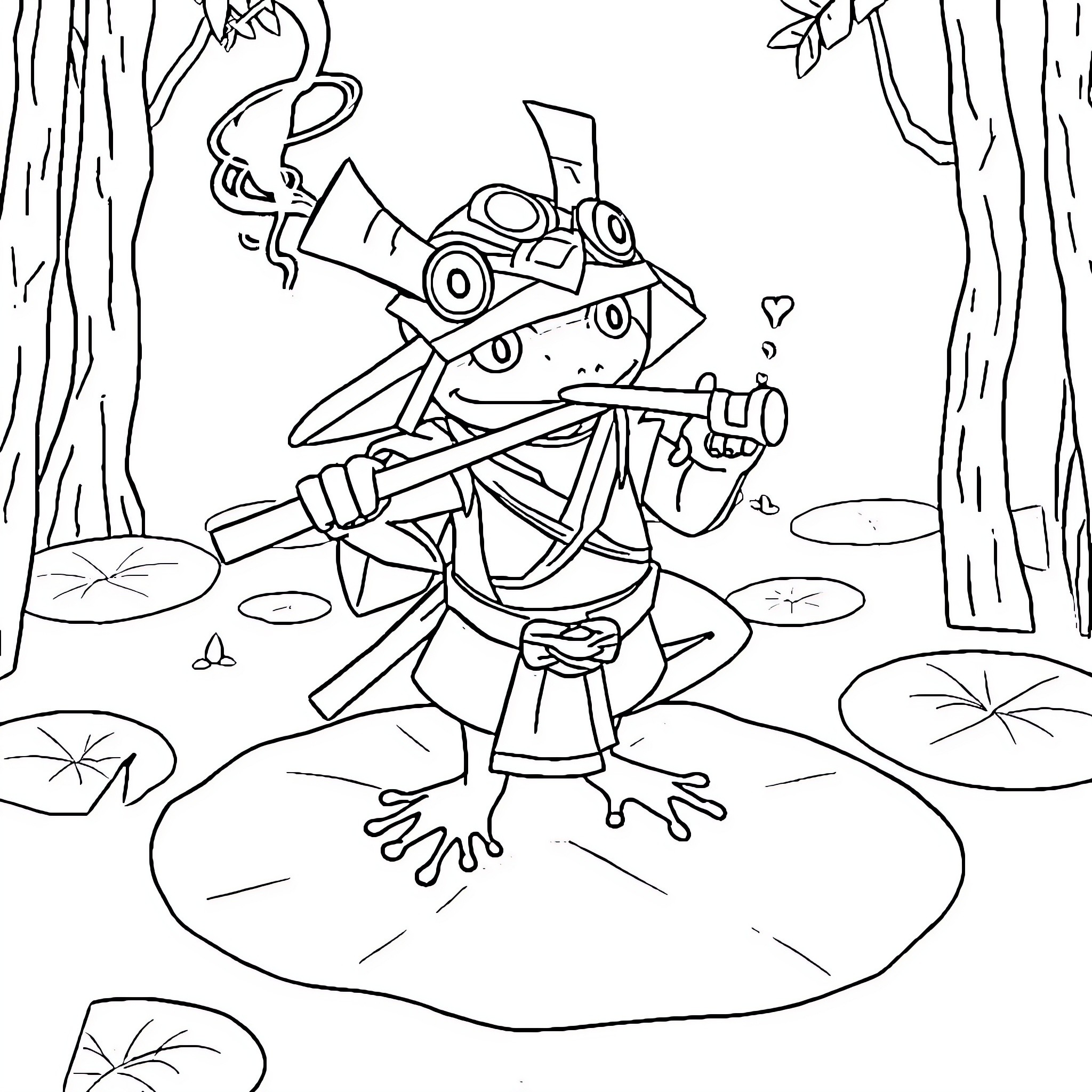 Dart Frog Musician Performing in Lush Forest Coloring Page (free black-and-white line drawing printable PDF for all, from beginners to advanced learners, including children, teens, adults, and seniors)