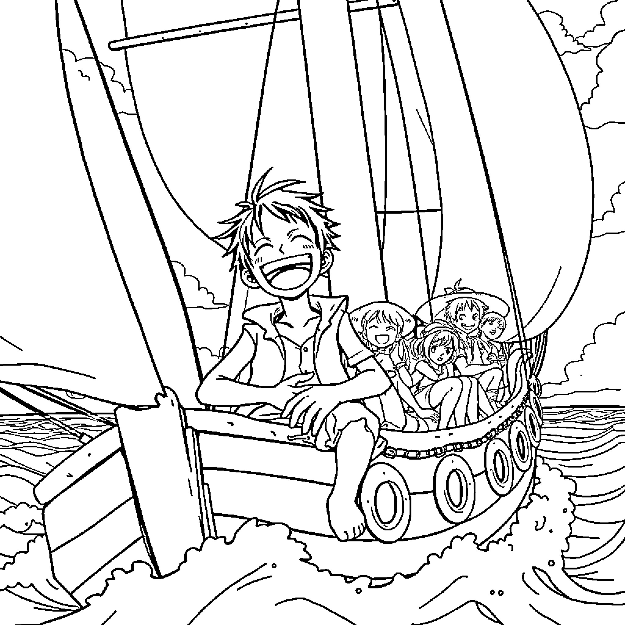 Luffy and friends enjoy a fun boat ride Coloring Page (free black-and-white line drawing printable PDF for all, from beginners to advanced learners, including children, teens, adults, and seniors)