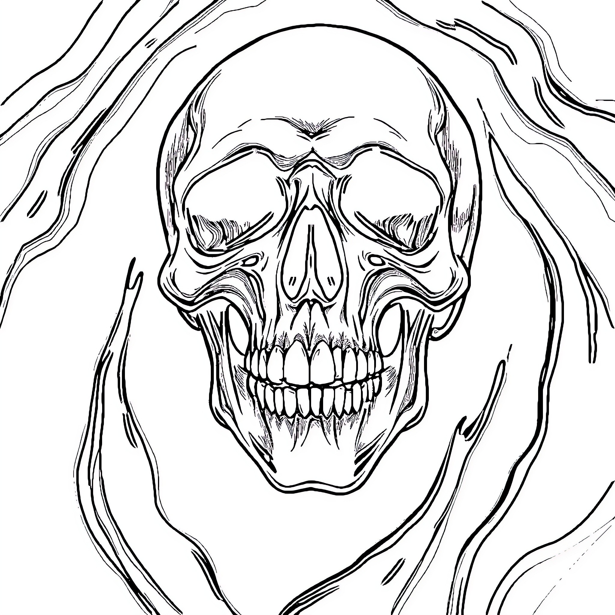 Skull with Twisted Features Coloring Page (free black-and-white line drawing printable PDF for all, from beginners to advanced learners, including children, teens, adults, and seniors)