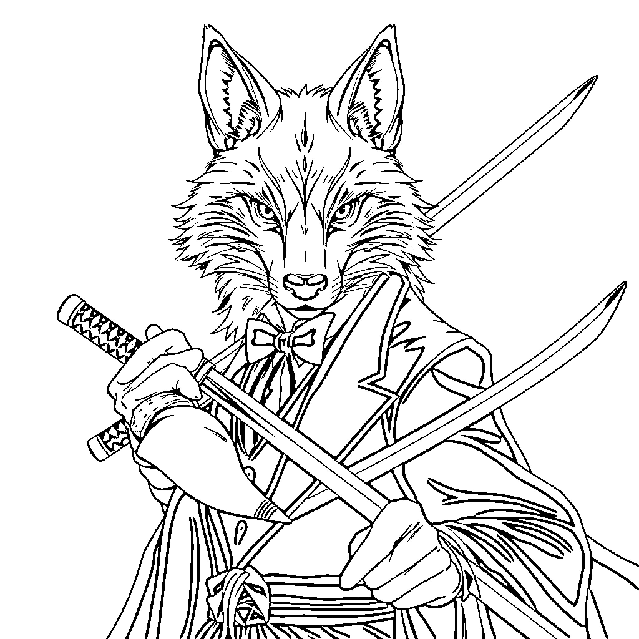 Zorro the Fox Warrior with Swords Coloring Page (free black-and-white line drawing printable PDF for all, from beginners to advanced learners, including children, teens, adults, and seniors)