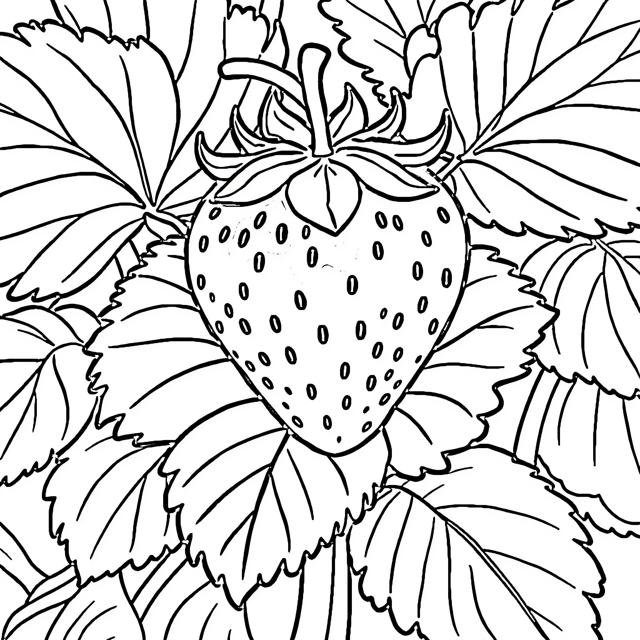 Strawberry surrounded by lush foliage Coloring Page (free black-and-white line drawing printable PDF for all, from beginners to advanced learners, including children, teens, adults, and seniors)