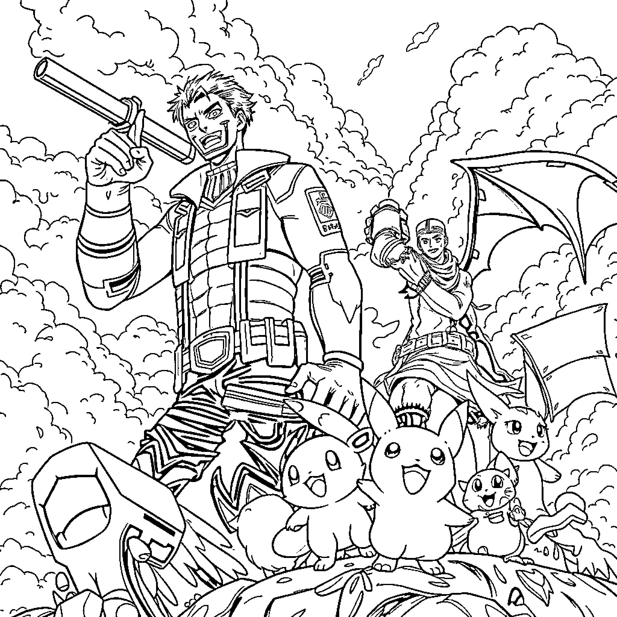 Anime Protagonists in Action-Packed Adventure Coloring Page (free black-and-white line drawing printable PDF for all, from beginners to advanced learners, including children, teens, adults, and seniors)