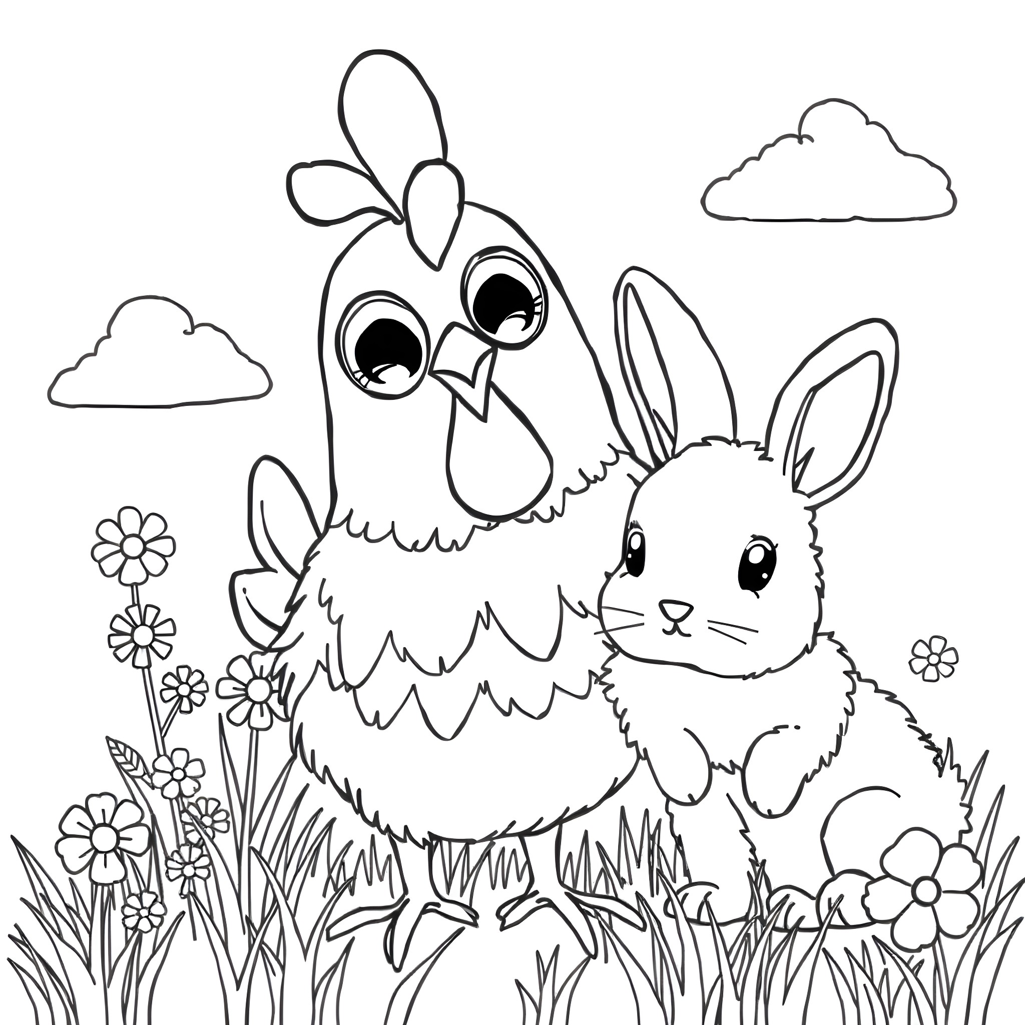 Chicken and Rabbit Playing in the Meadow Coloring Page (free black-and-white line drawing printable PDF for all, from beginners to advanced learners, including children, teens, adults, and seniors)