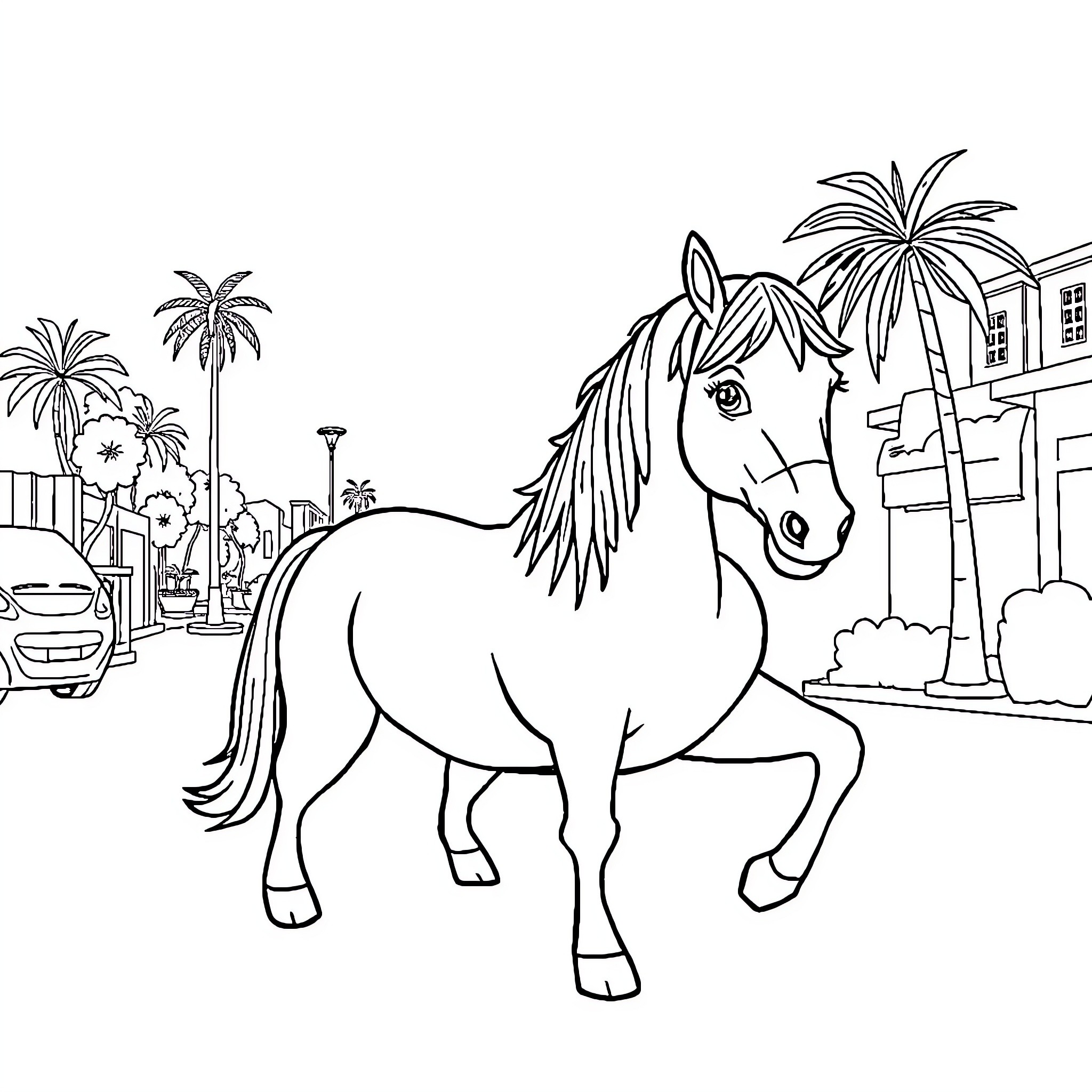 Car horse strolling along the palm-lined street Coloring Page (free black-and-white line drawing printable PDF for all, from beginners to advanced learners, including children, teens, adults, and seniors)