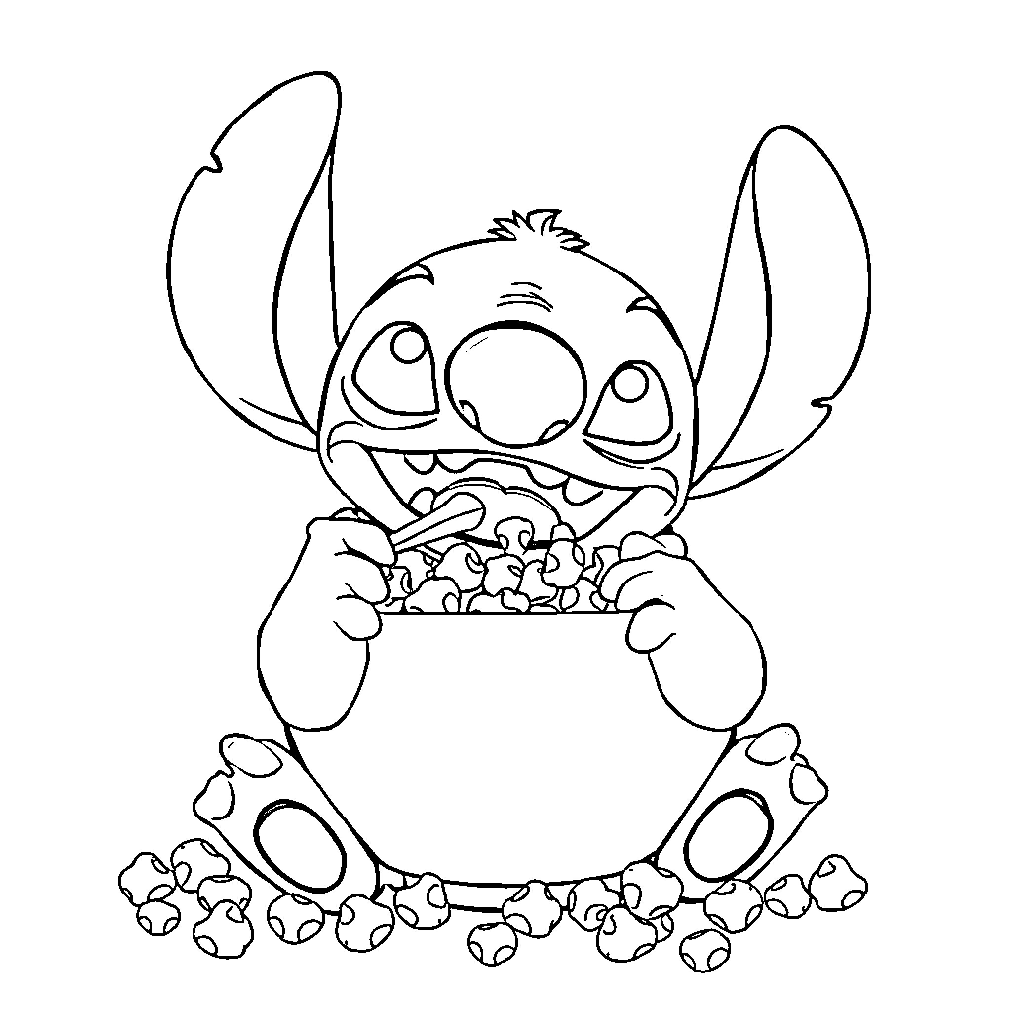 Stitch enjoying a snack from a bowl Coloring Page (free black-and-white line drawing printable PDF for all, from beginners to advanced learners, including children, teens, adults, and seniors)