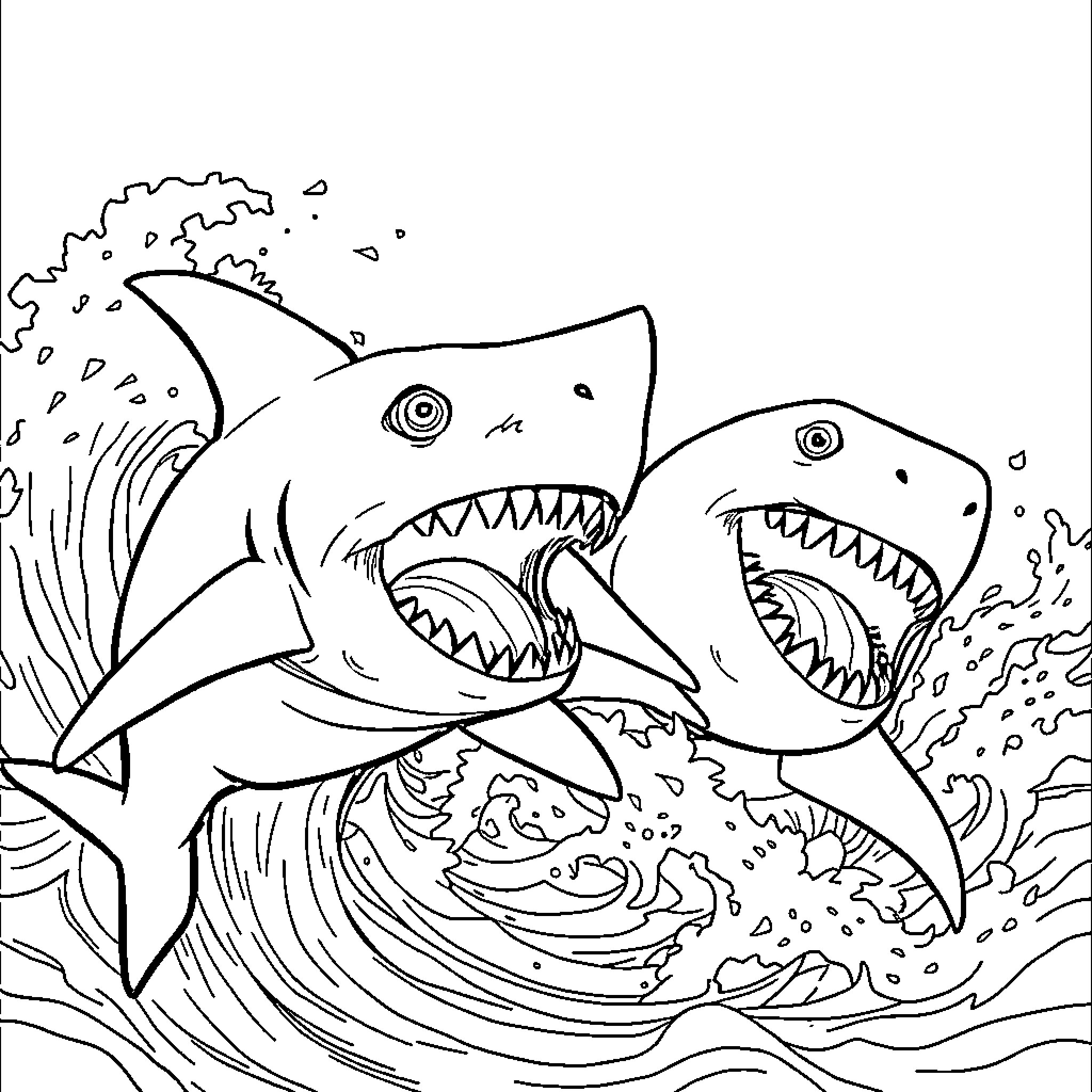 Shark Dog swimming aggressively in the ocean Coloring Page (free black-and-white line drawing printable PDF for all, from beginners to advanced learners, including children, teens, adults, and seniors)
