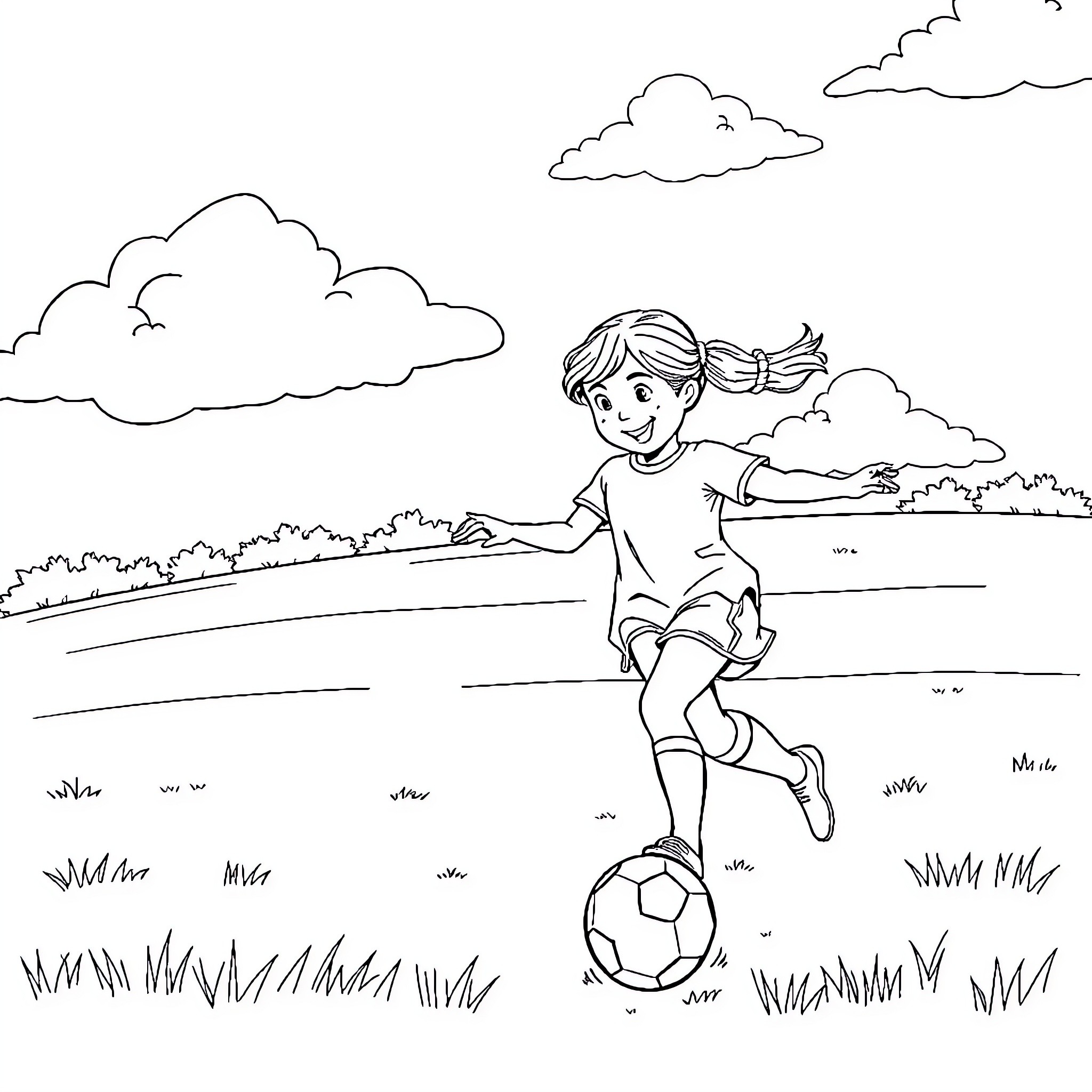 Girl happily playing soccer outdoors Coloring Page (free black-and-white line drawing printable PDF for all, from beginners to advanced learners, including children, teens, adults, and seniors)