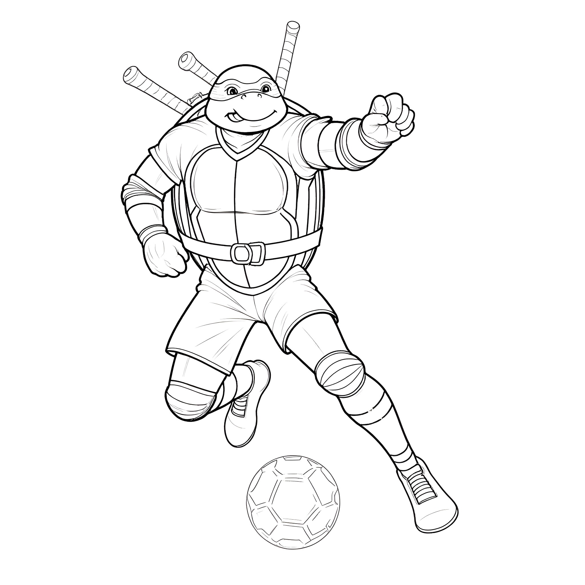 Leonardo playing soccer with ninja gear Coloring Page (free black-and-white line drawing printable PDF for all, from beginners to advanced learners, including children, teens, adults, and seniors)