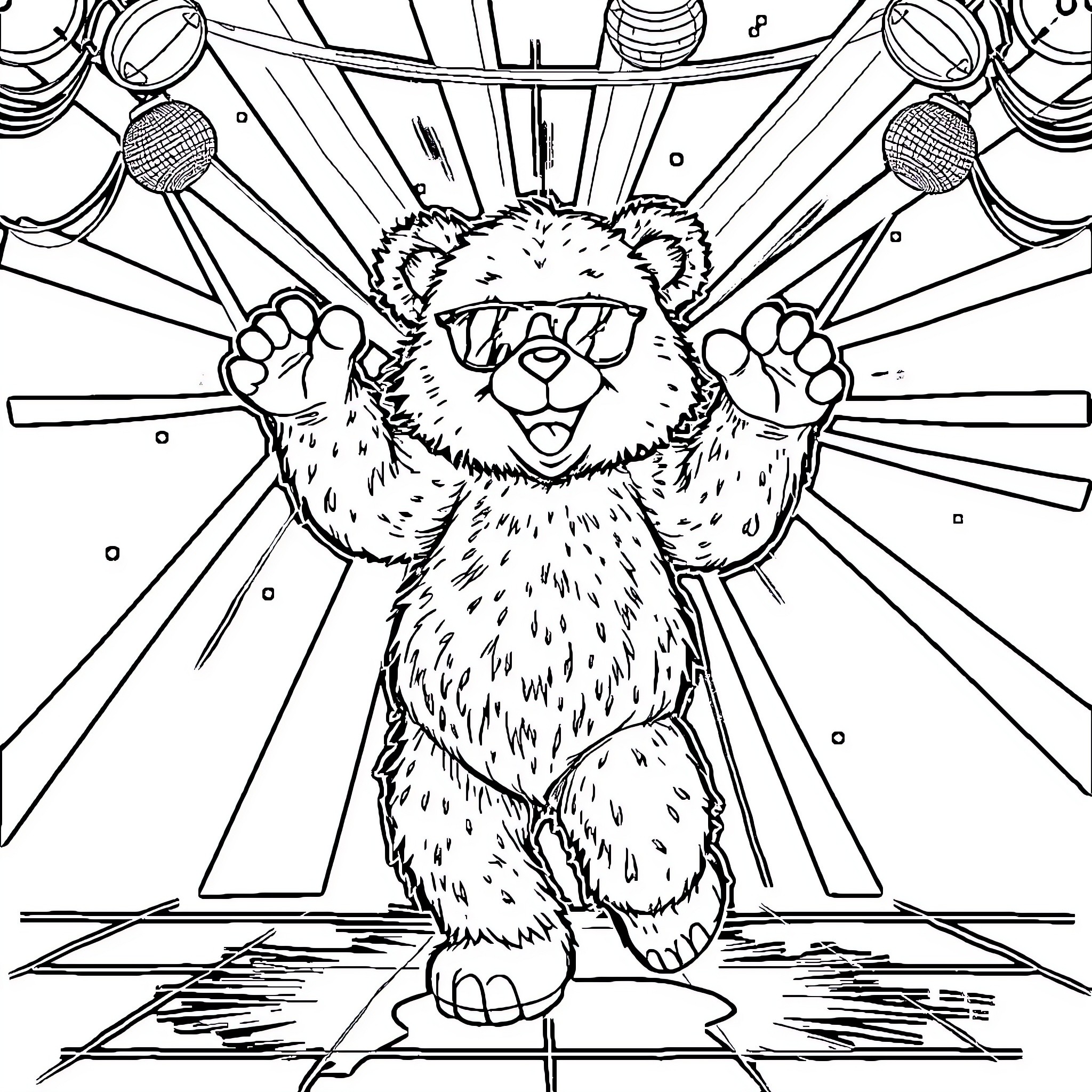 Bobby Bearhug's Joyful Dance in the Spotlight Coloring Page (free black-and-white line drawing printable PDF for all, from beginners to advanced learners, including children, teens, adults, and seniors)