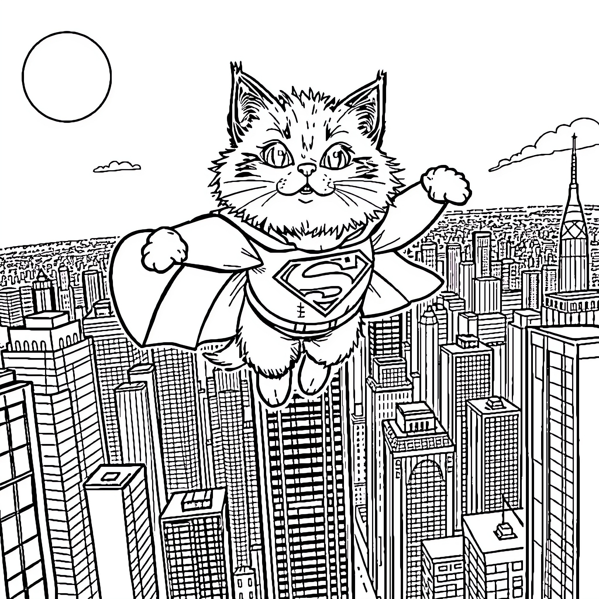 Cat Super Hero Flying Over City Coloring Page (free black-and-white line drawing printable PDF for all, from beginners to advanced learners, including children, teens, adults, and seniors)