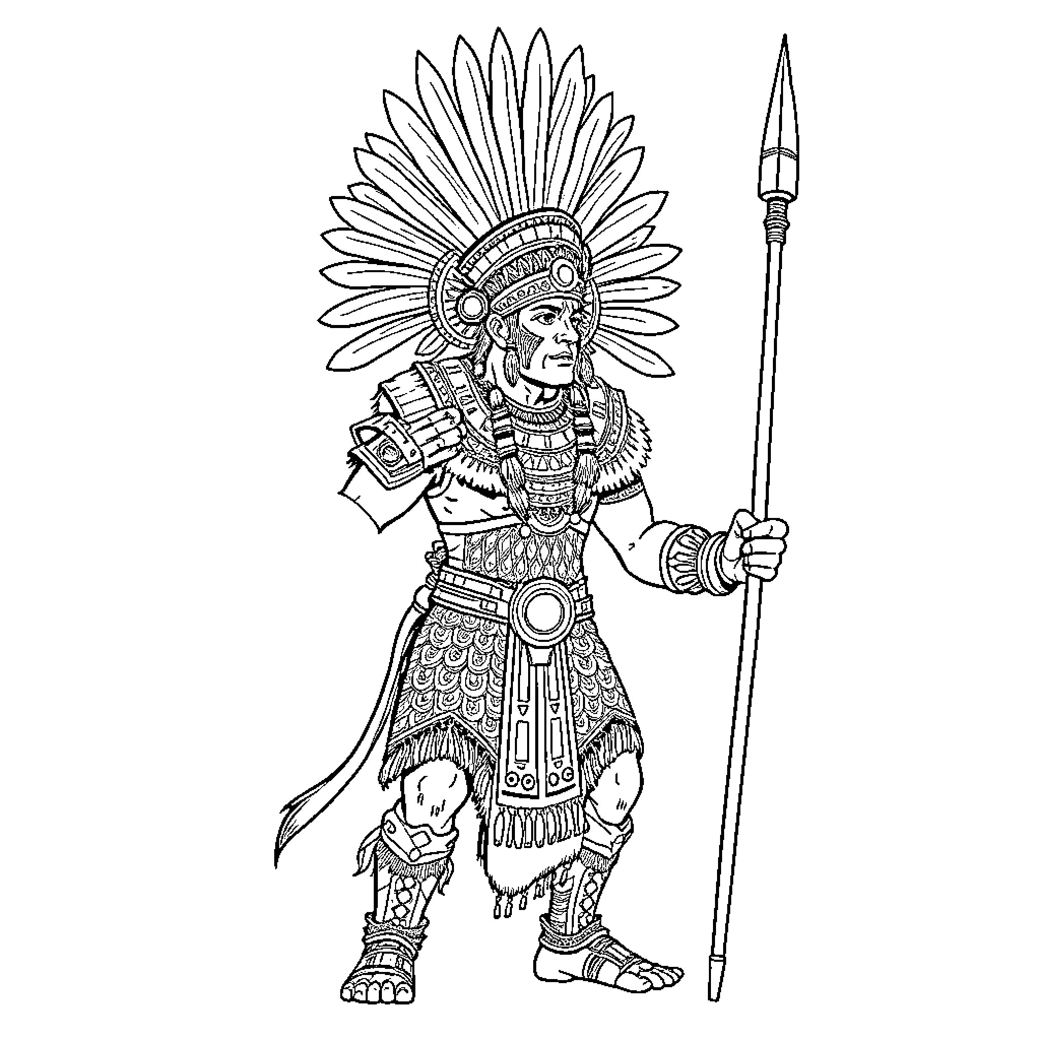Aztec Warrior in Ceremonial Attire Holding Spear Coloring Page (free black-and-white line drawing printable PDF for all, from beginners to advanced learners, including children, teens, adults, and seniors)