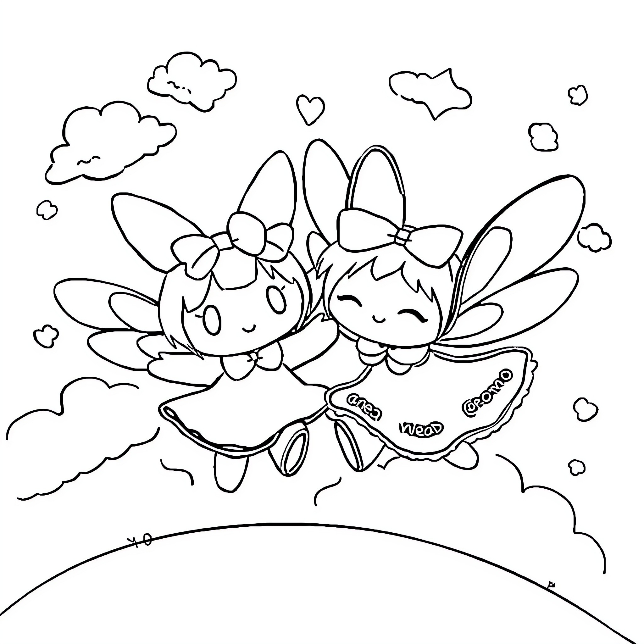 My Melody Fairies Soar Through the Clouds Coloring Page (free black-and-white line drawing printable PDF for all, from beginners to advanced learners, including children, teens, adults, and seniors)