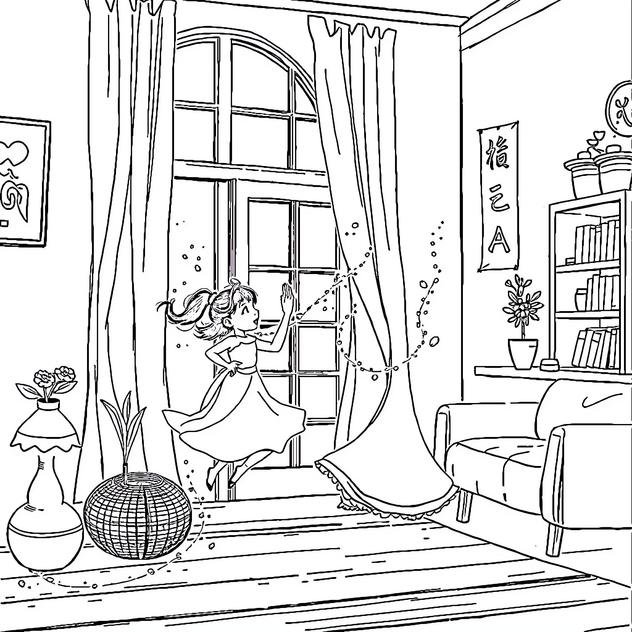 Dust Sprite sweeps through a magical bedroom Coloring Page (free black-and-white line drawing printable PDF for all, from beginners to advanced learners, including children, teens, adults, and seniors)
