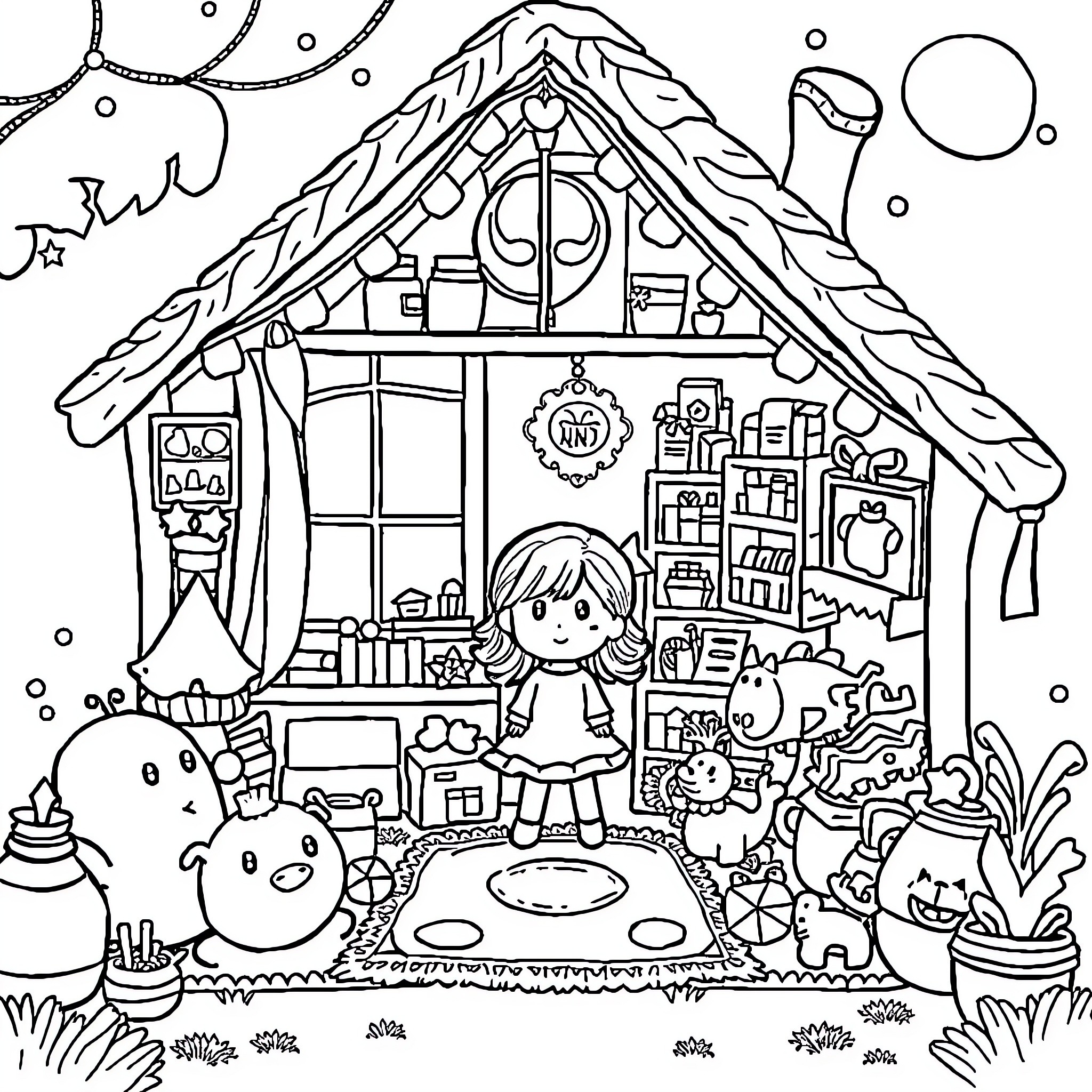 Girl playing joyfully in her cozy cottage Coloring Page (free black-and-white line drawing printable PDF for all, from beginners to advanced learners, including children, teens, adults, and seniors)