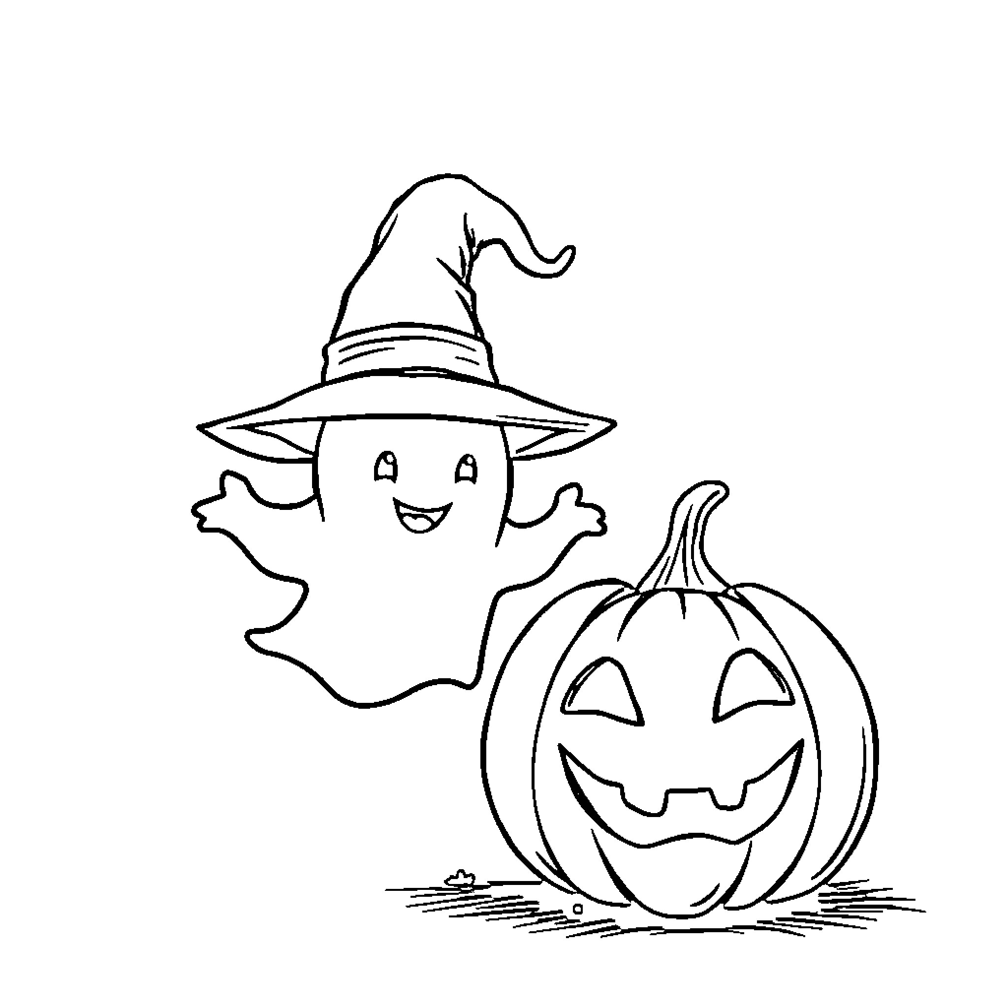 Ghost in Witch Hat and Pumpkin Coloring Page (free black-and-white line drawing printable PDF for all, from beginners to advanced learners, including children, teens, adults, and seniors)