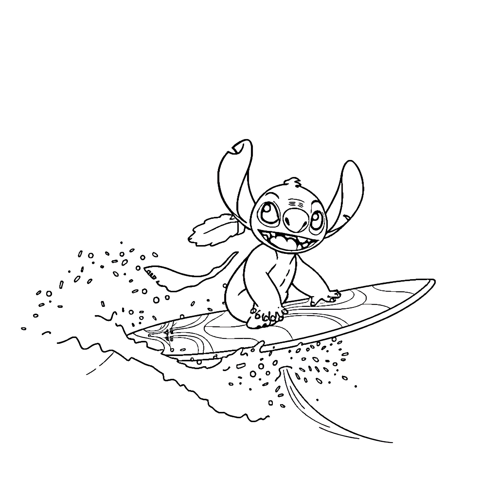 Lilo surfing playfully in the waves Coloring Page (free black-and-white line drawing printable PDF for all, from beginners to advanced learners, including children, teens, adults, and seniors)