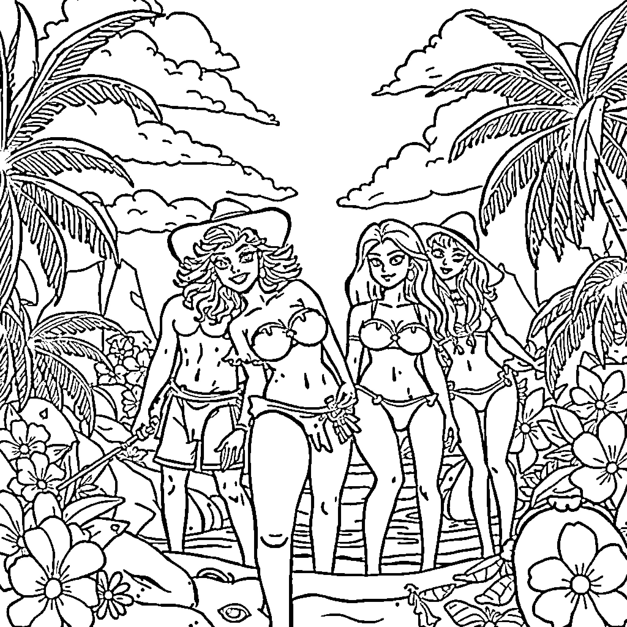 Adventure Time in Tropical Paradise Coloring Page (free black-and-white line drawing printable PDF for all, from beginners to advanced learners, including children, teens, adults, and seniors)