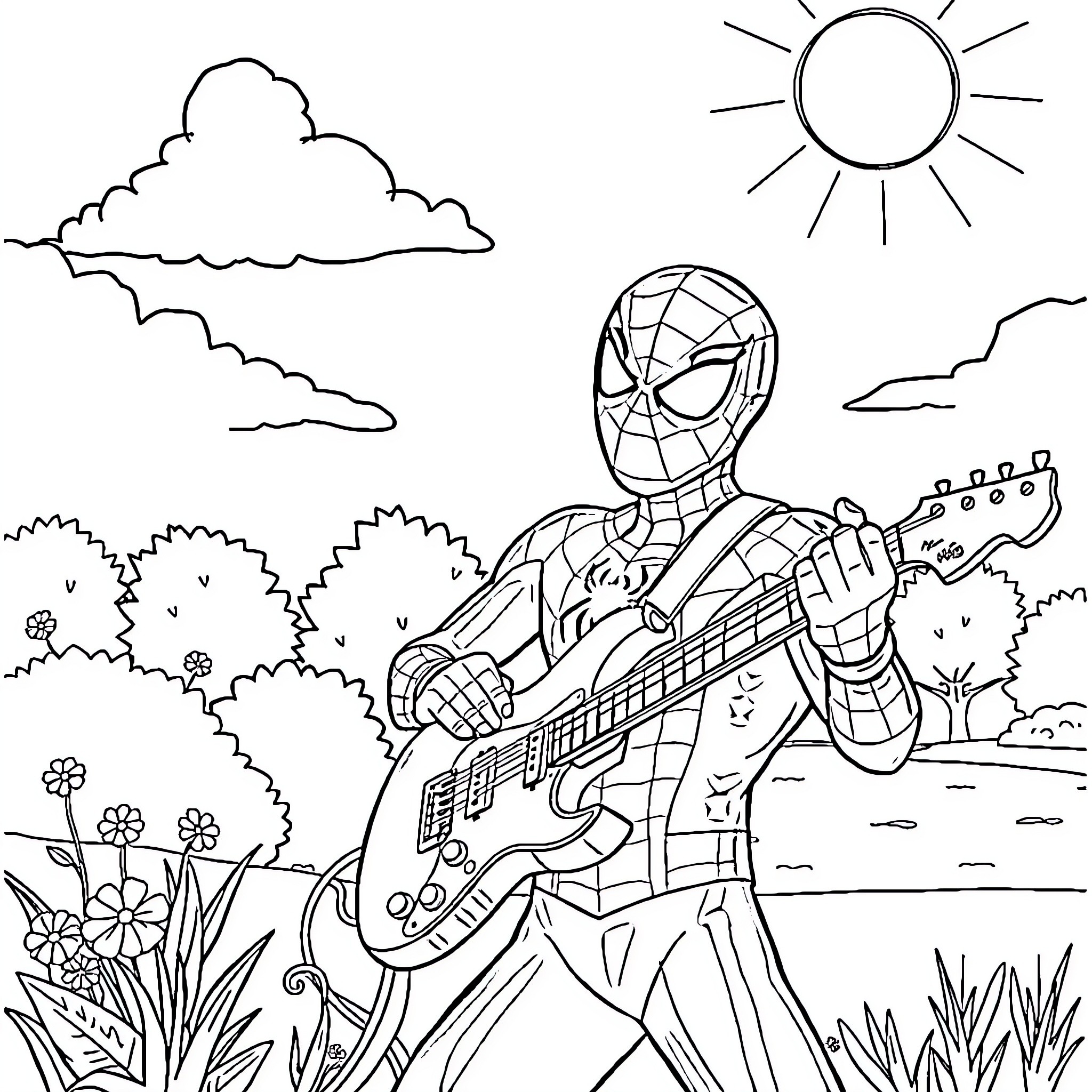 Spiderman strumming guitar in nature landscape Coloring Page (free black-and-white line drawing printable PDF for all, from beginners to advanced learners, including children, teens, adults, and seniors)