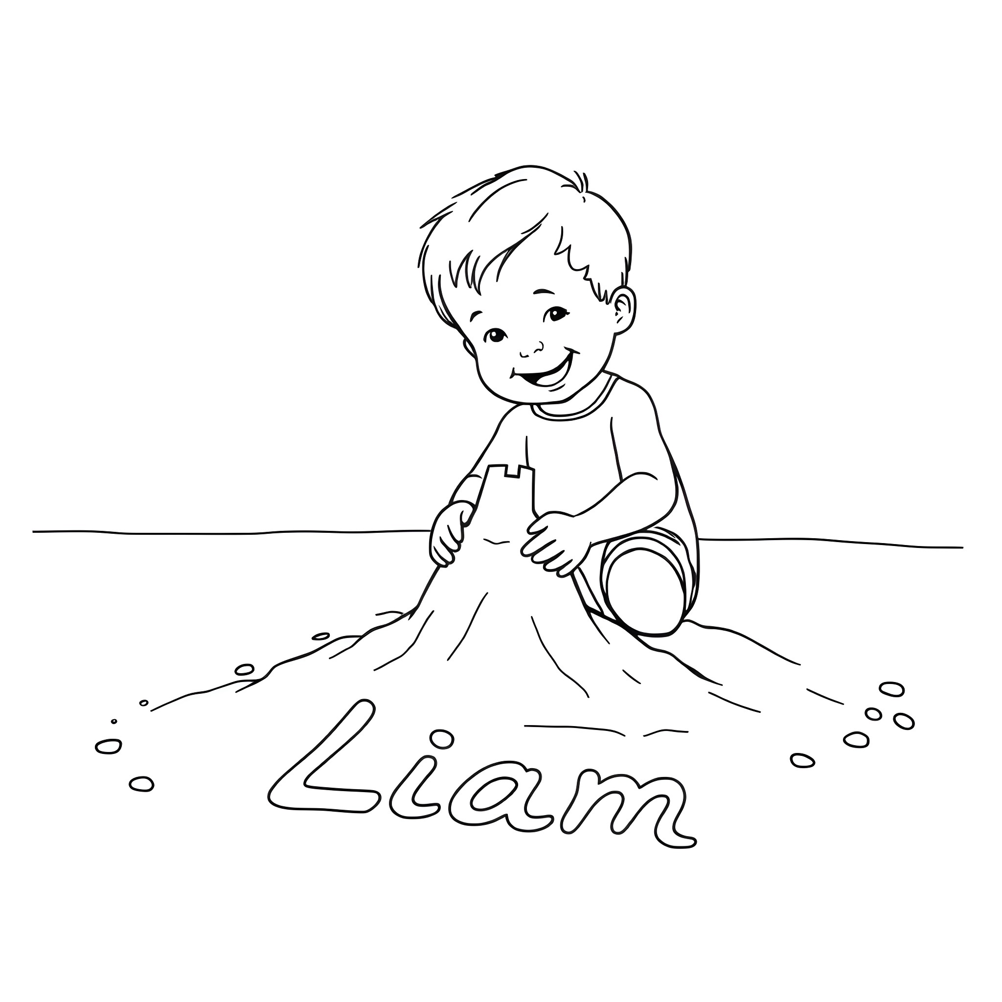 Boy playing in sand and writing his name Coloring Page (free black-and-white line drawing printable PDF for all, from beginners to advanced learners, including children, teens, adults, and seniors)