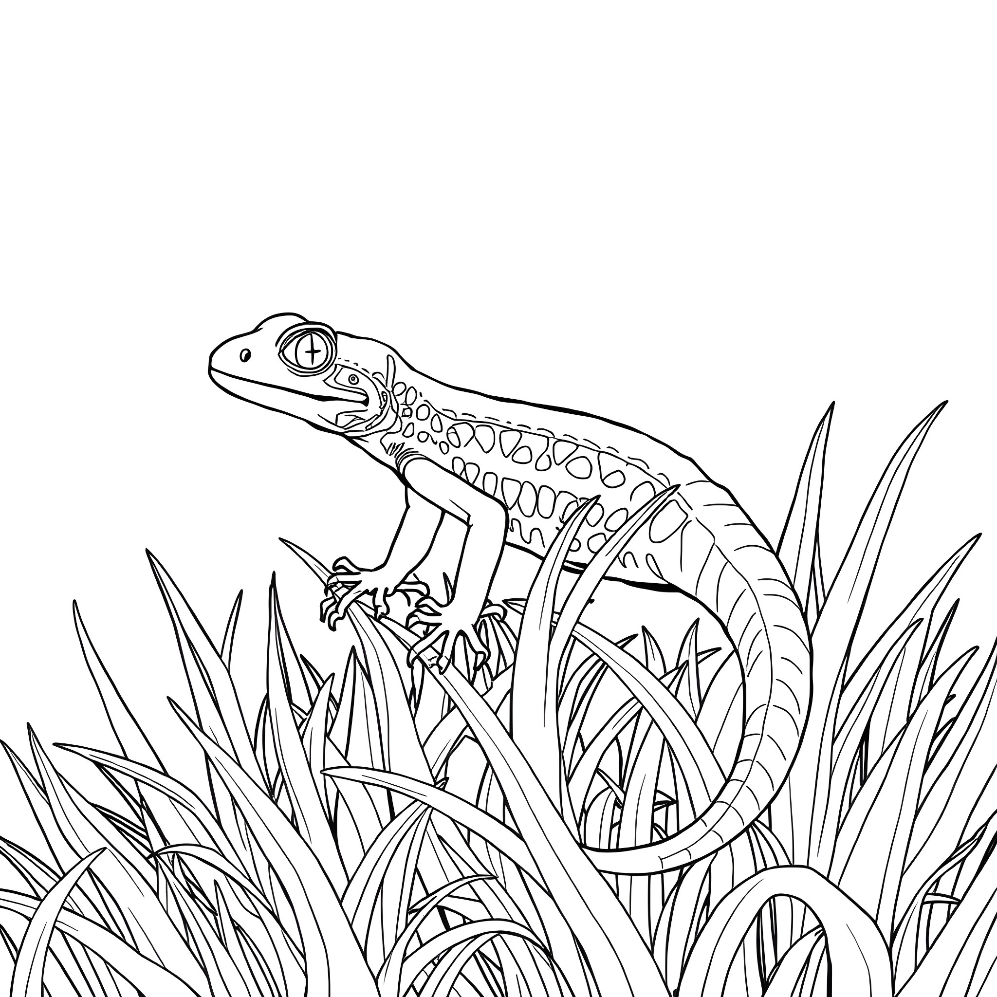 Emerald Tree Skink exploring in the undergrowth Coloring Page (free black-and-white line drawing printable PDF for all, from beginners to advanced learners, including children, teens, adults, and seniors)