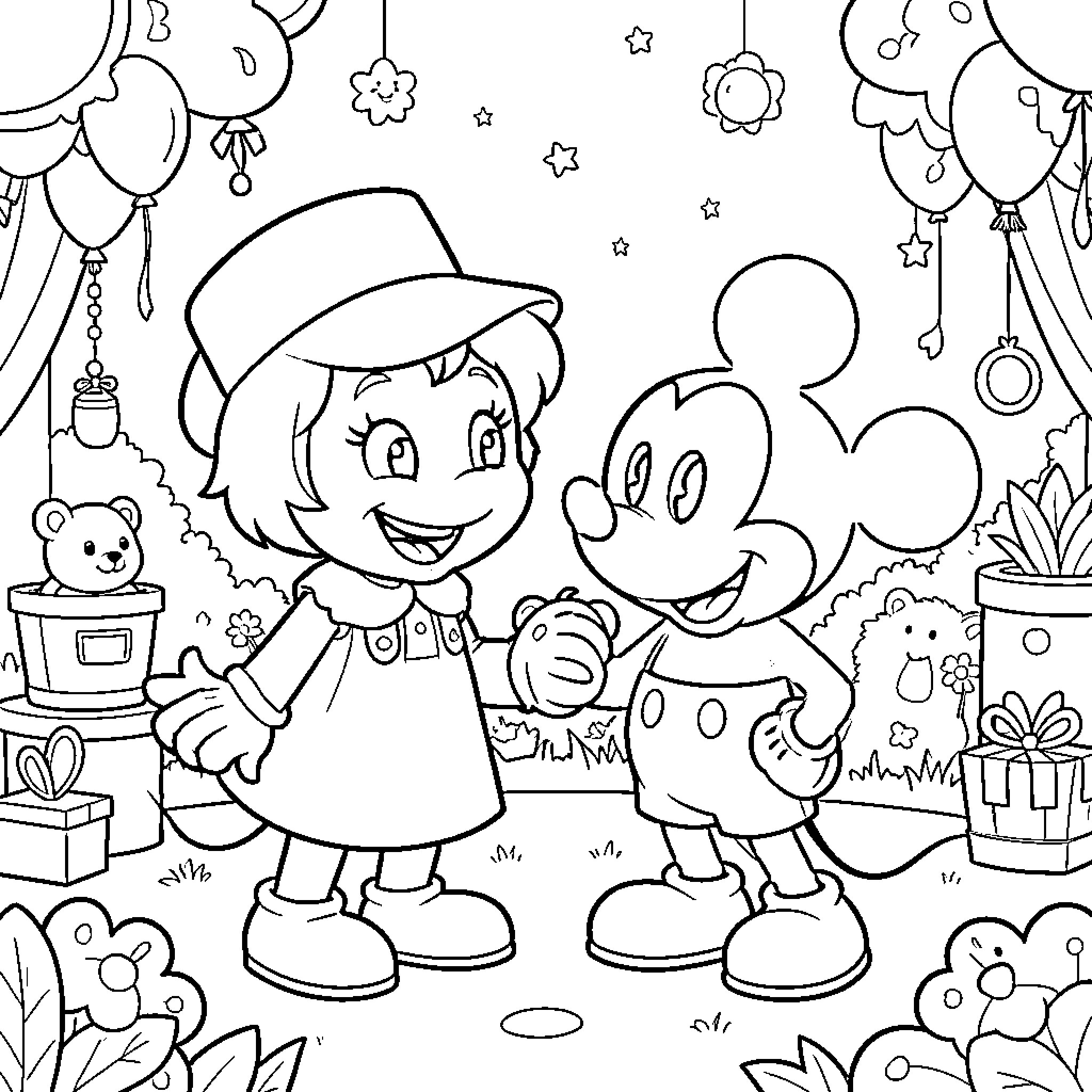 Minnie and Mickey's Whimsical Party Adventure Coloring Page (free black-and-white line drawing printable PDF for all, from beginners to advanced learners, including children, teens, adults, and seniors)