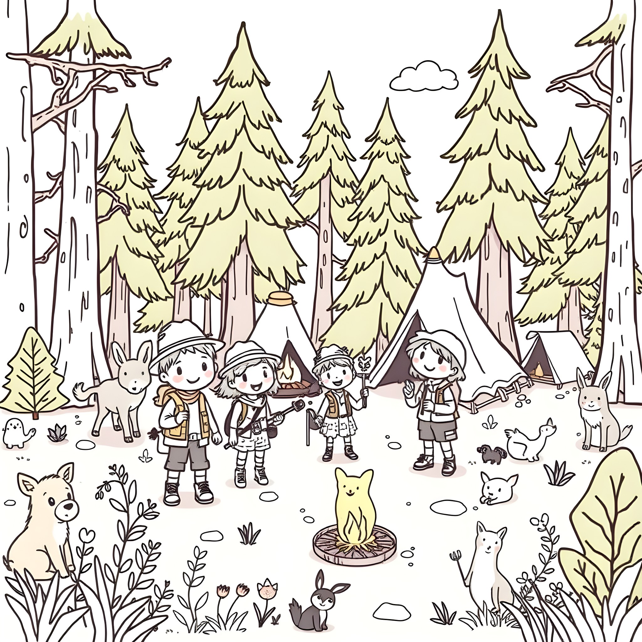 Scout Camping Adventure in the Enchanted Forest Coloring Page (free black-and-white line drawing printable PDF for all, from beginners to advanced learners, including children, teens, adults, and seniors)